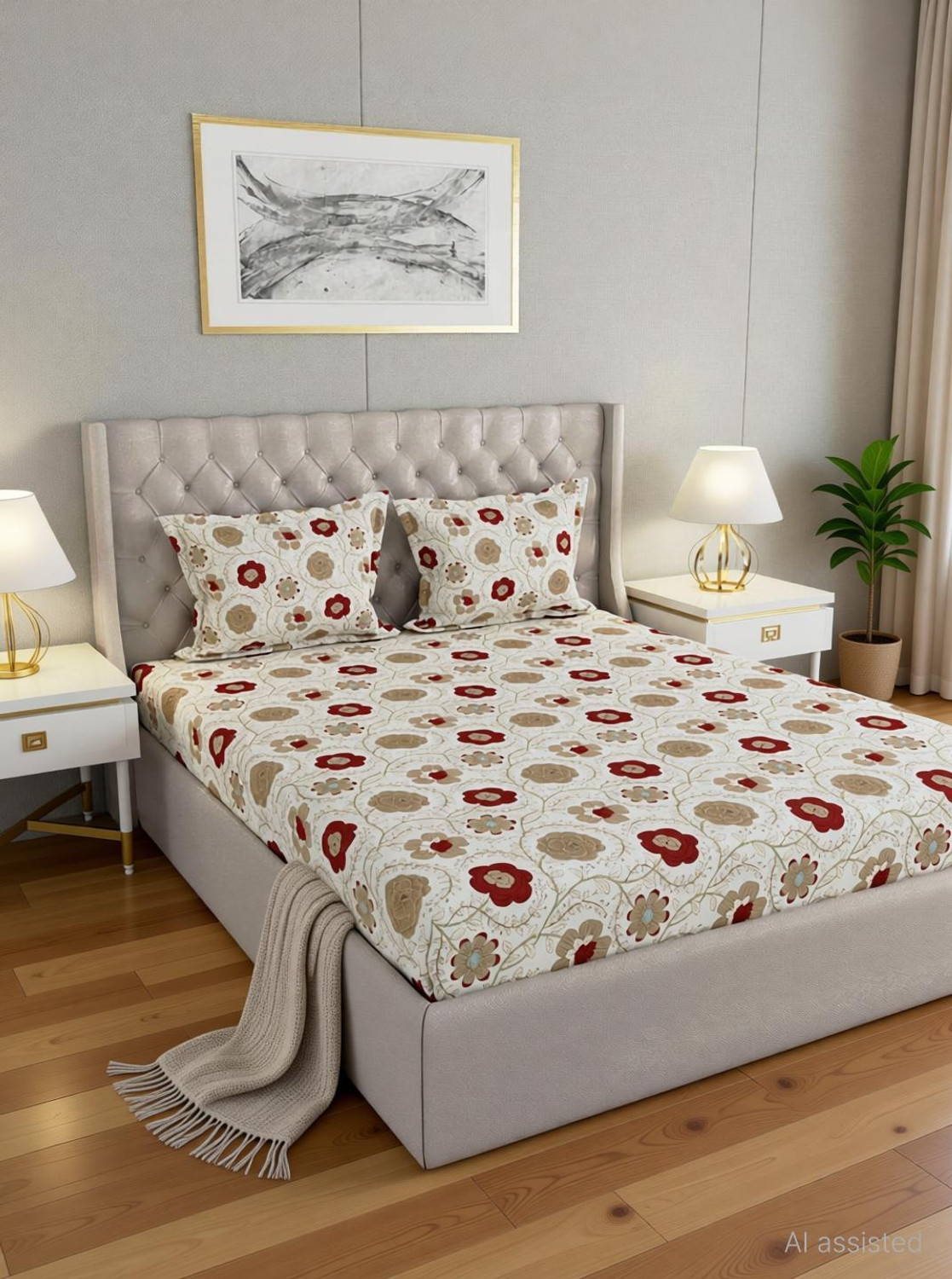 Image of Raymond Home Polyester Double Flat 100 TC Floral 1 Summer Bedsheet with 2 Pillow Covers