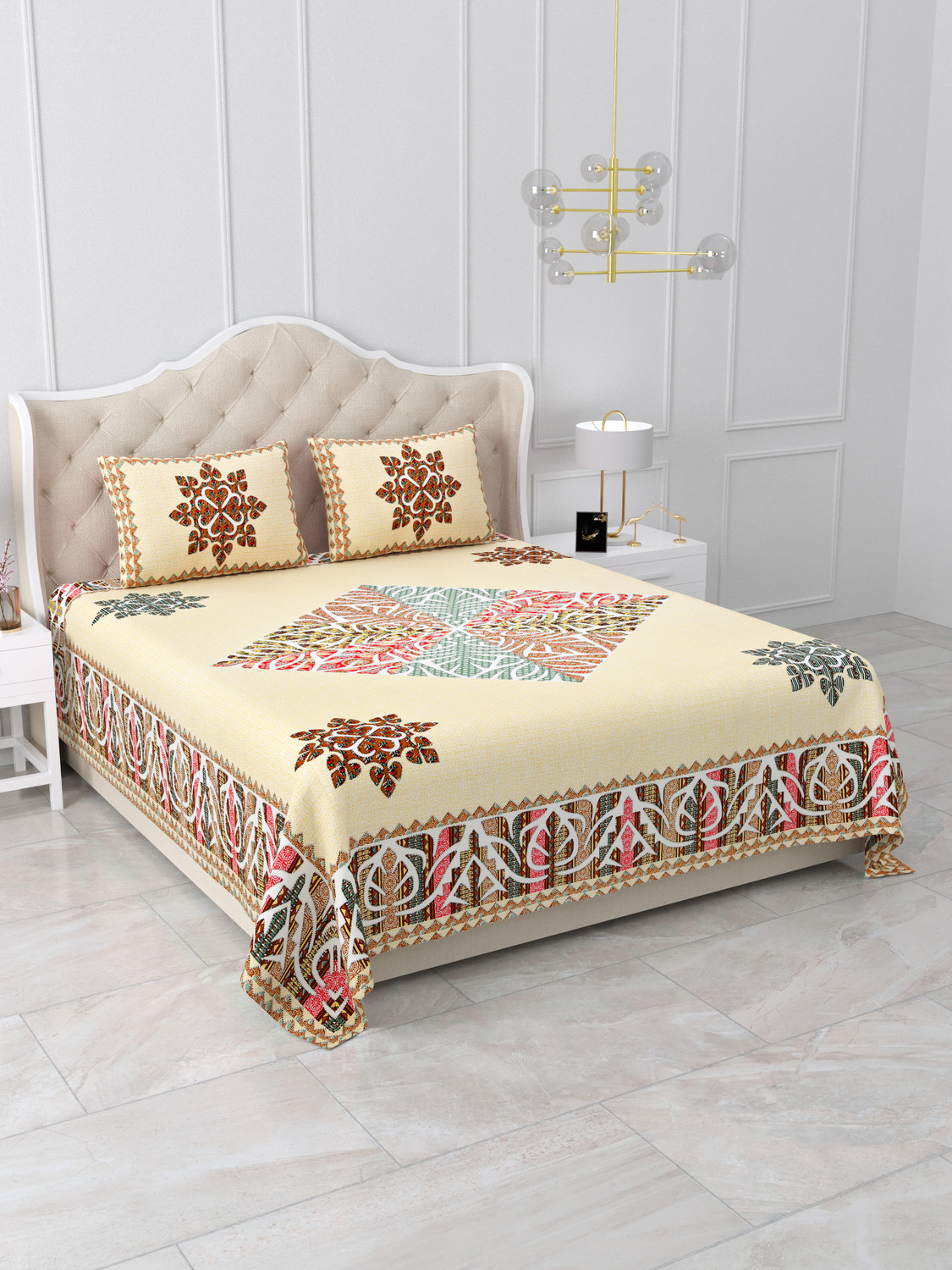 Image of SIZAR Cotton Double, King Flat 240 TC Printed 1 Bedsheet with 2 Pillow Covers
