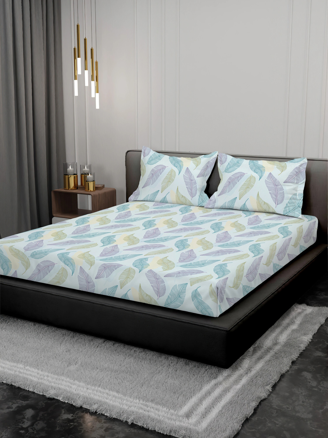 Image of KURRY HOME FURNISHING Cotton Super King Fitted (Elastic) 250 TC Printed 1 Bedsheet with 2 Pillow Covers