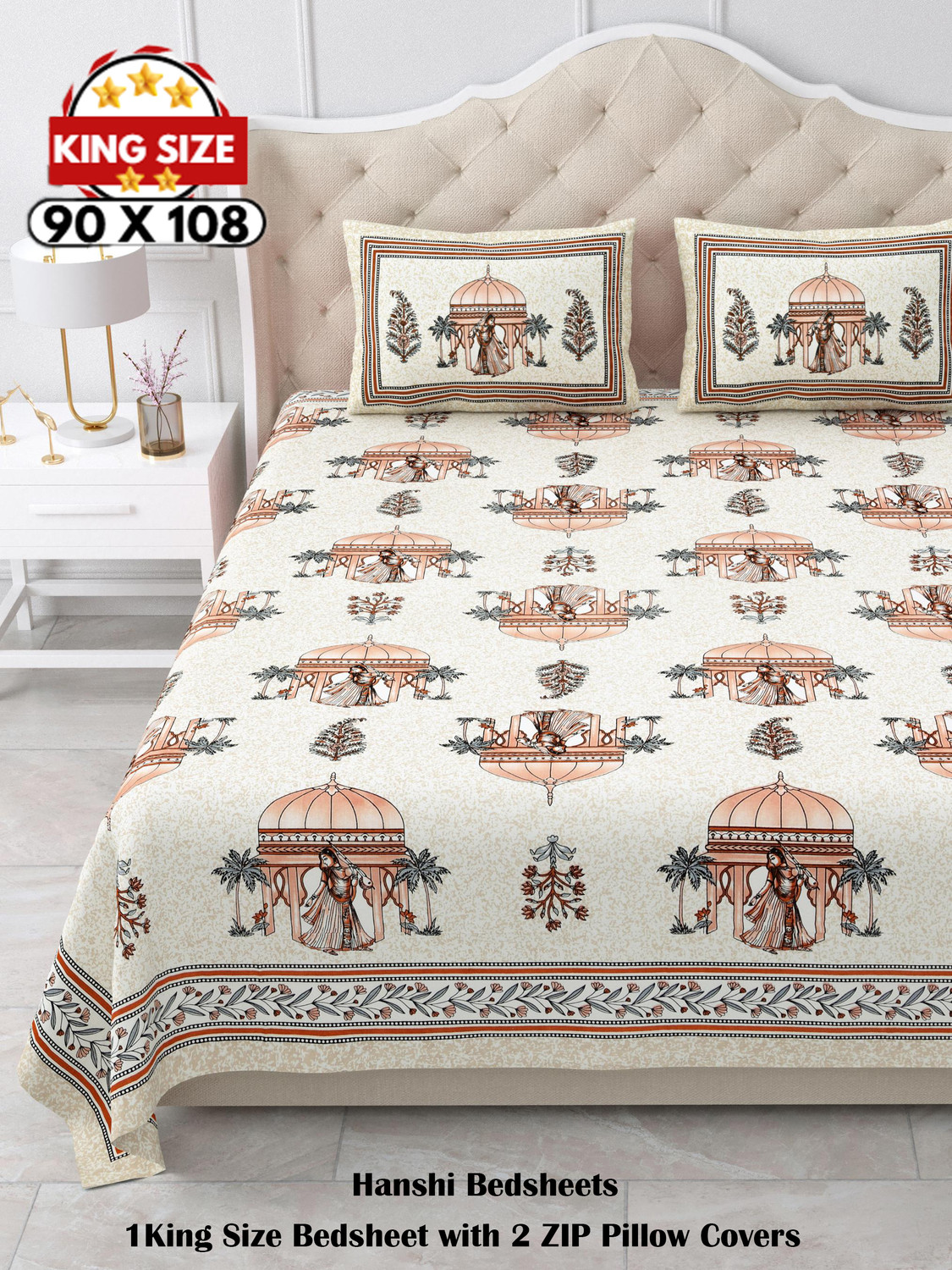 Image of HANSHI Cotton King Flat 260 TC Printed 1 Bedsheet with 2 Pillow Covers
