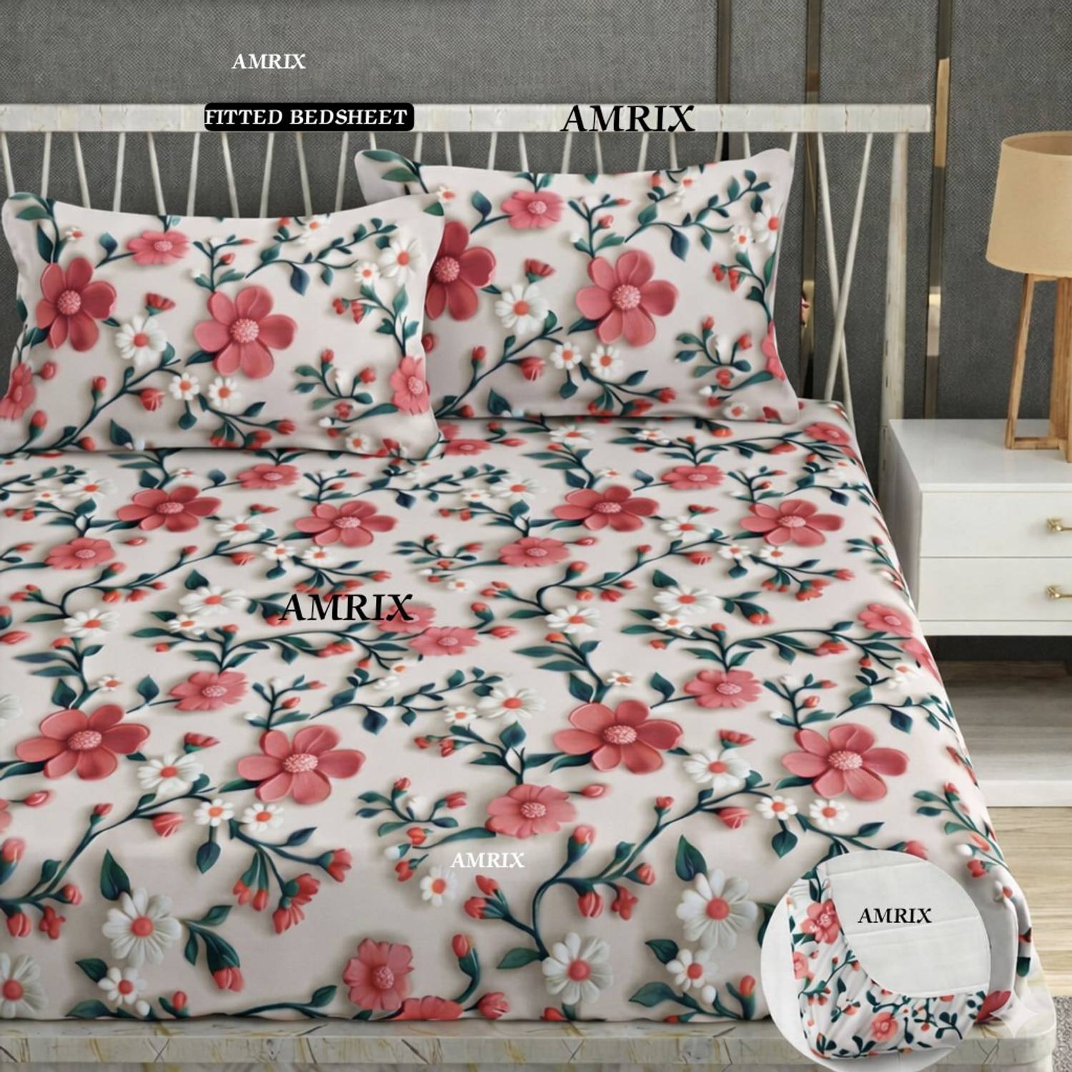 Amrix Cotton King Fitted (Elastic) 350 TC 3D Printed 1 Bedsheet with 2 Pillow Covers