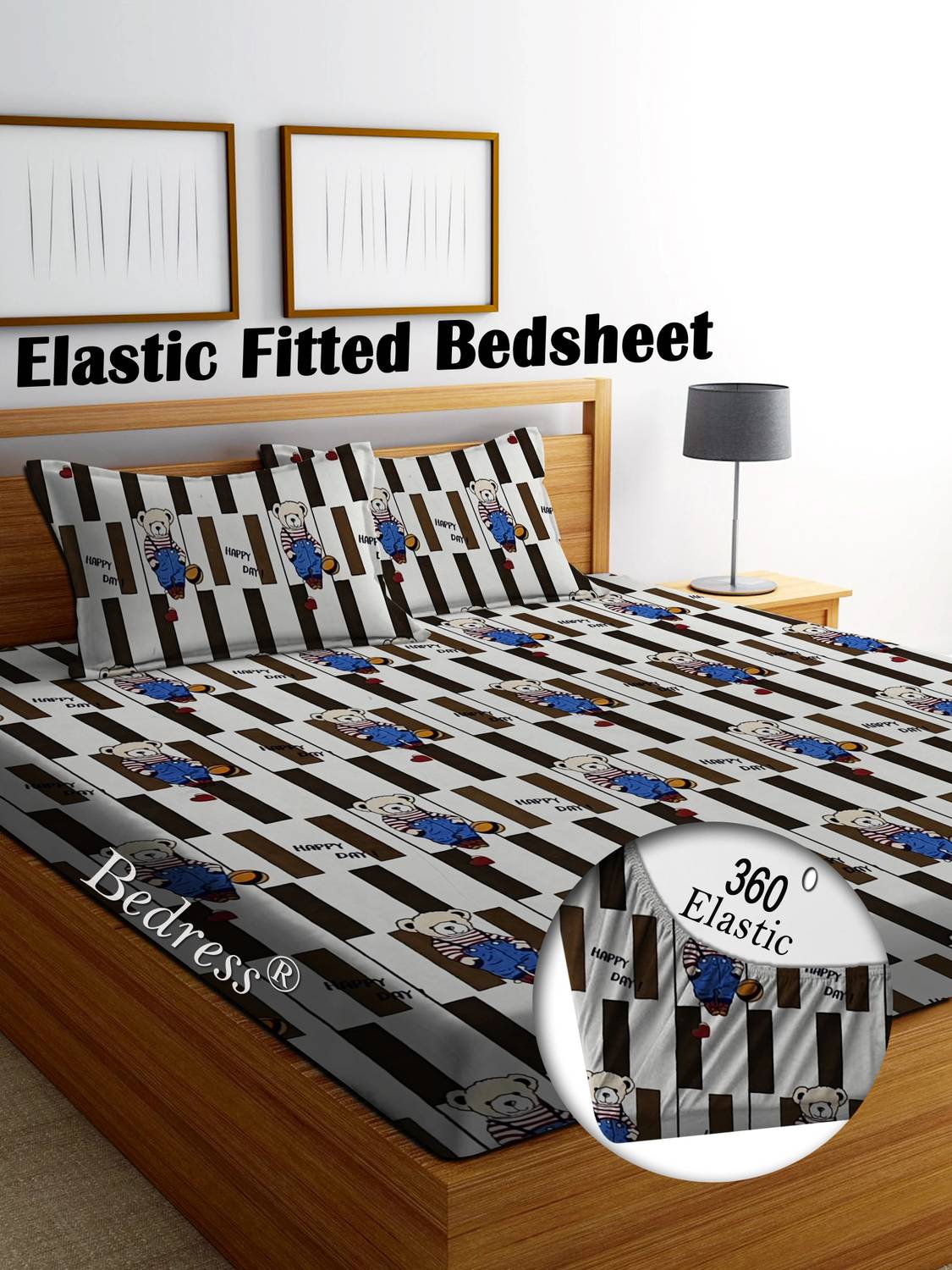 Bedress Cotton King Fitted (Elastic) 300 TC Striped 1 Bedsheet with 2 Pillow Covers