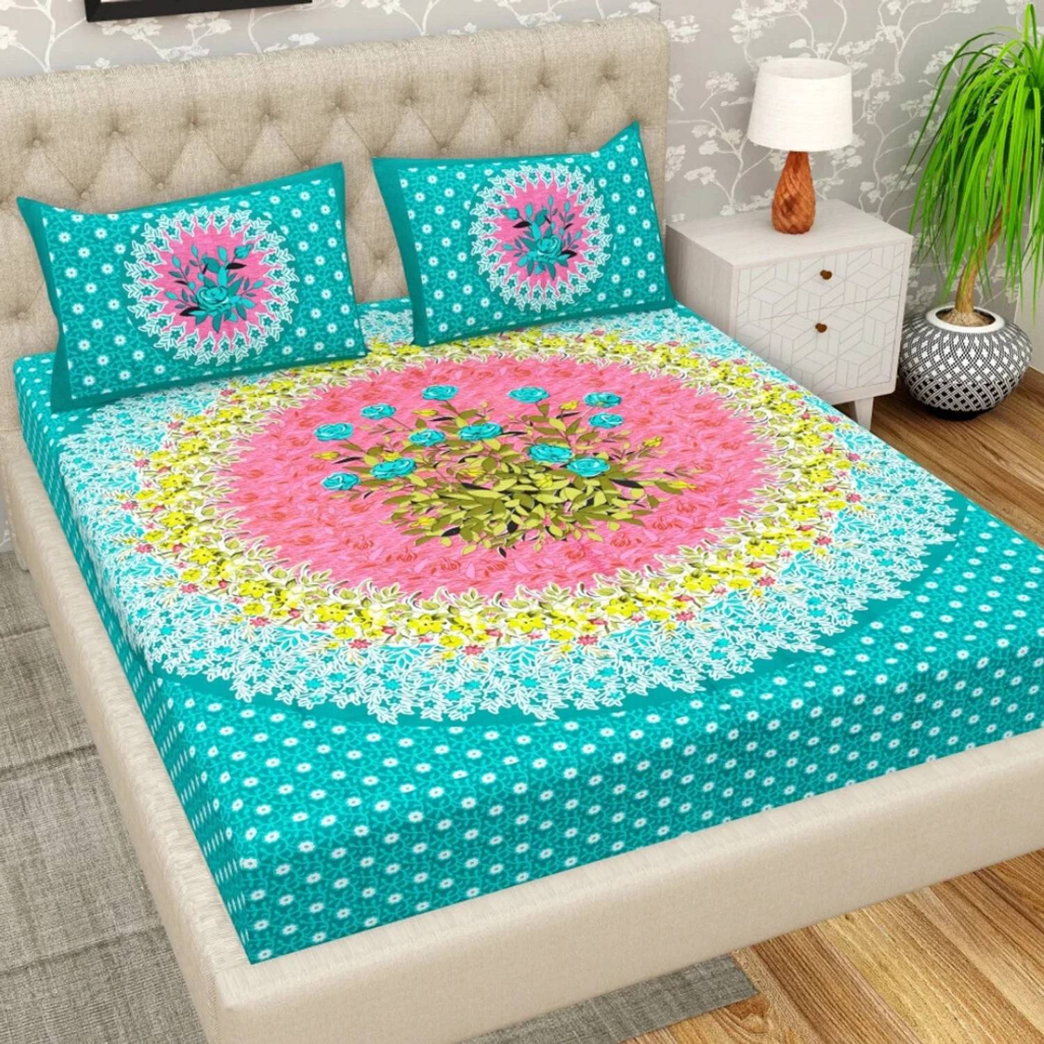 Jeevat Cotton Double Flat 144 TC Jaipuri Prints 1 Bedsheet with 2