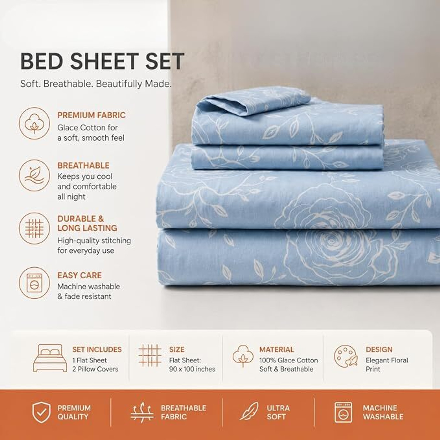 Image of parth international Cotton Double Flat 400 TC Floral 1 Bedsheet with 2 Pillow Covers