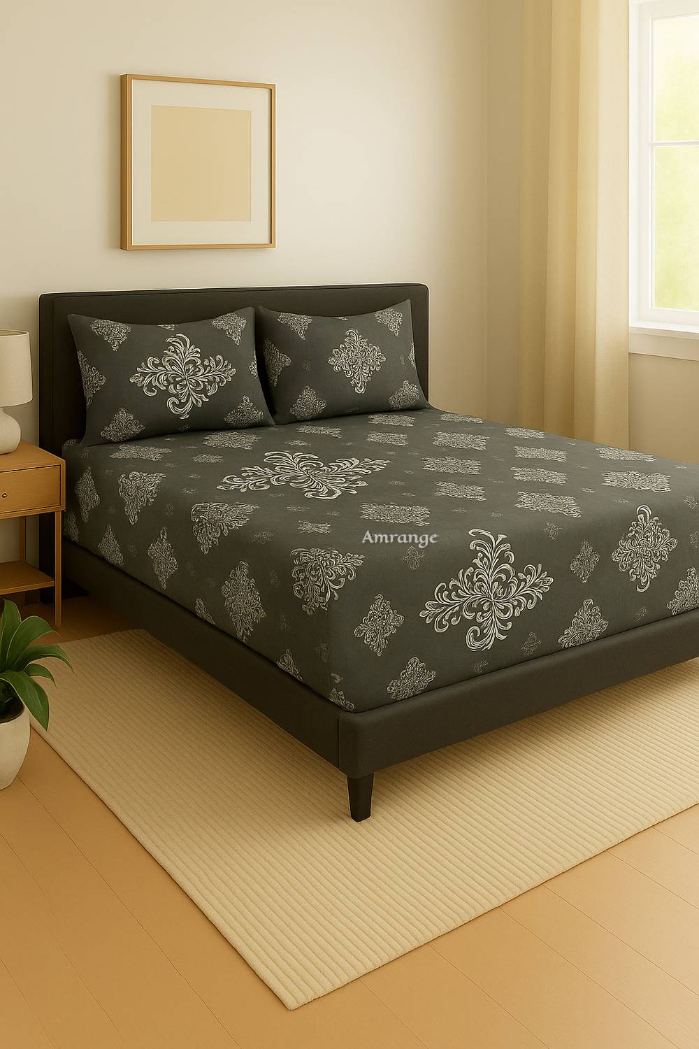Amrange Cotton King Fitted (Elastic) 210 TC 3D Printed 1 Bedsheet with 2 Pillow Covers