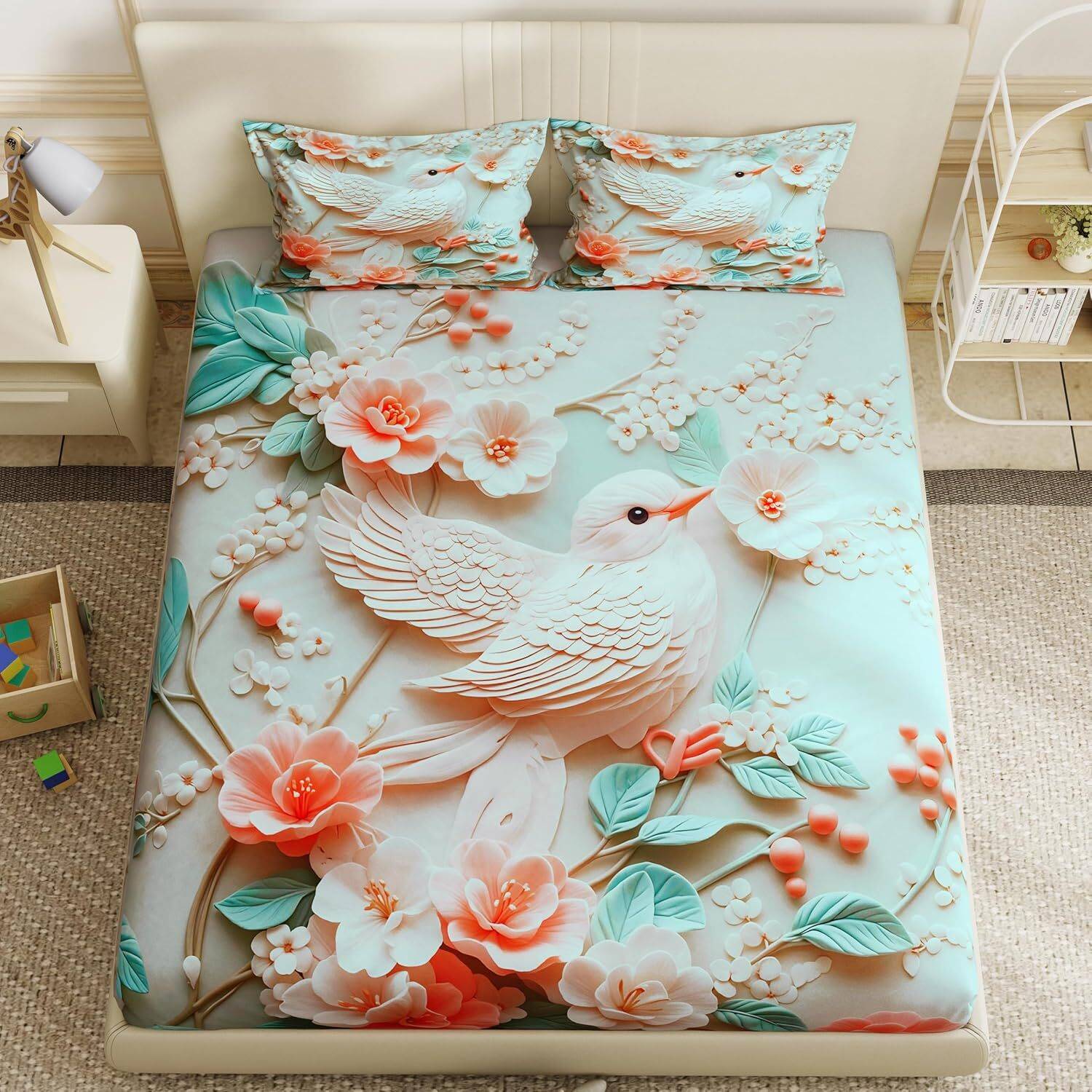 AASHRAE Cotton Double Flat 400 TC 7D Digital 1 Summer Bedsheet with 2 Pillow Covers, 2 Cushion Covers