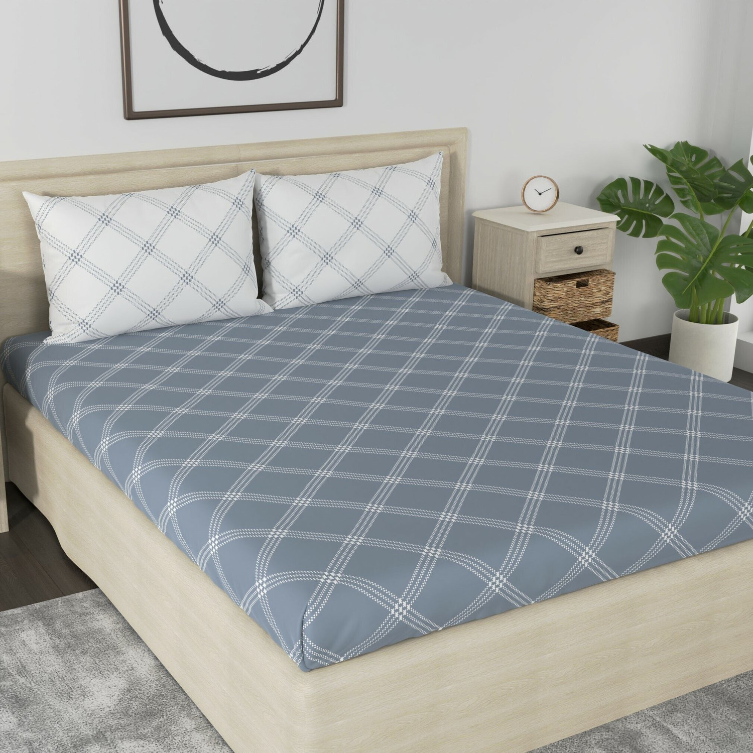 Image of Huesland Cotton King Flat 210 TC Geometric 1 Bedsheet with 2 Pillow Covers