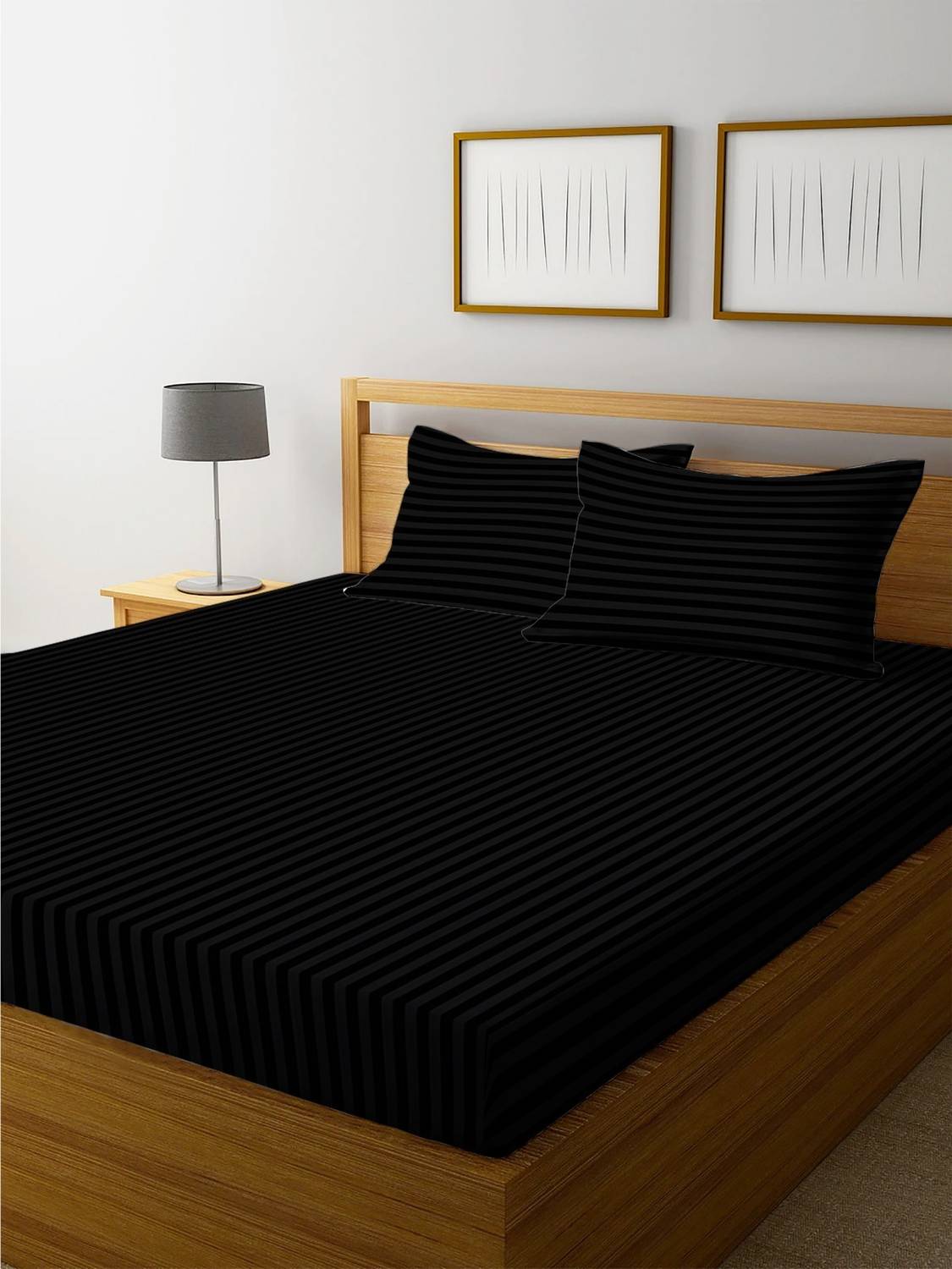 WUSA Satin Double Fitted (Elastic) 210 TC Striped 1 Bedsheet with