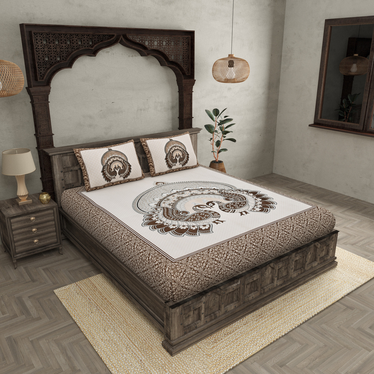 Image of JAIPUR FABRIC Cotton Double Flat 180 TC Printed 1 Bedsheet with 2 Pillow Covers