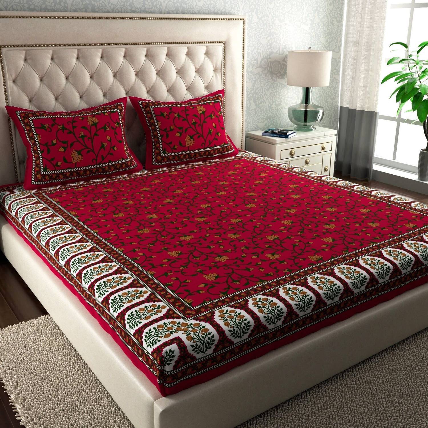 Leo Creation Cotton Double Flat 144 TC Jaipuri Prints 1 Bedsheet with 2 Pillow Covers