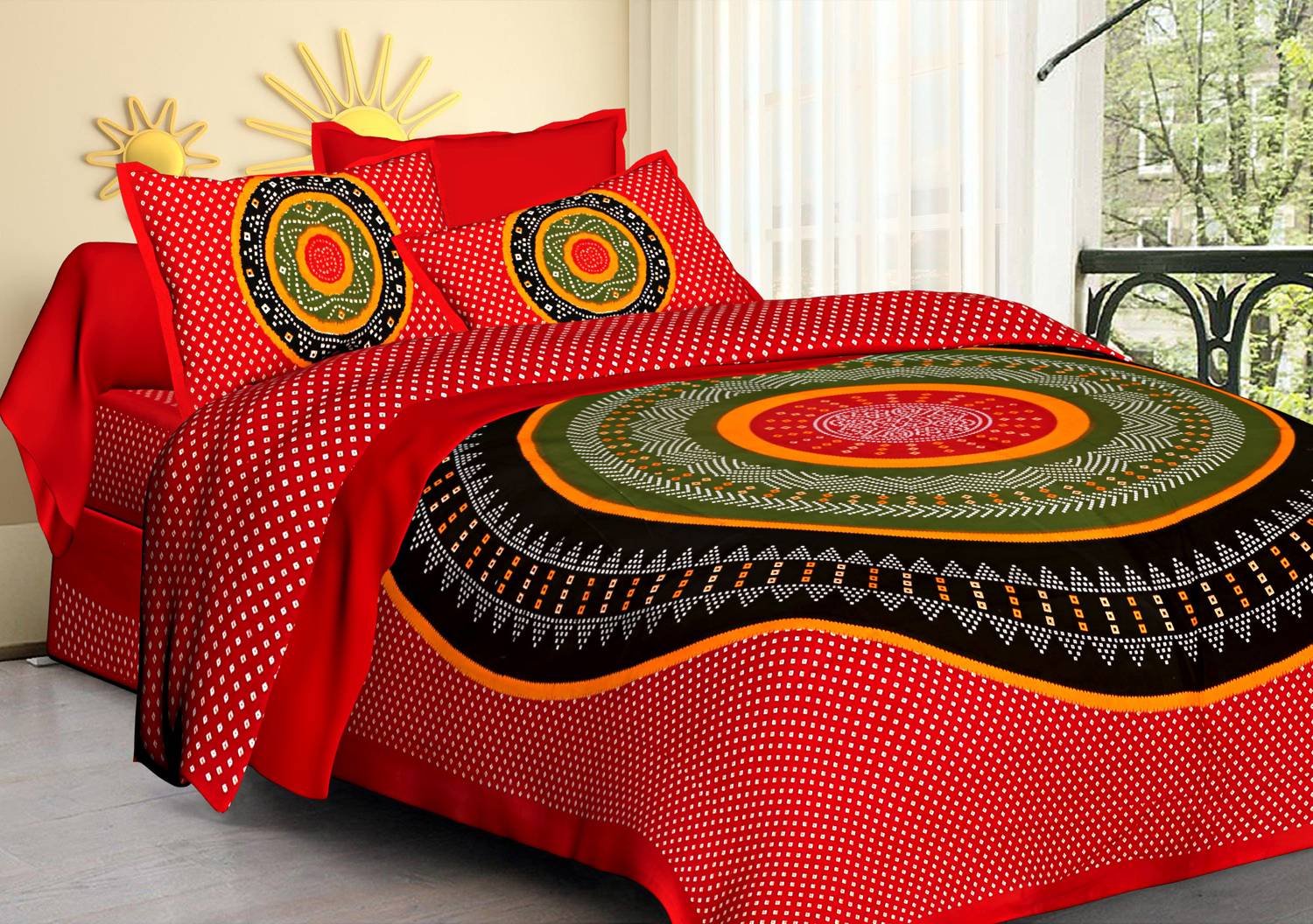 Aadhira Interio Cotton Double Flat 144 TC Jaipuri Prints 1 Bedsheet with 2 Pillow Covers