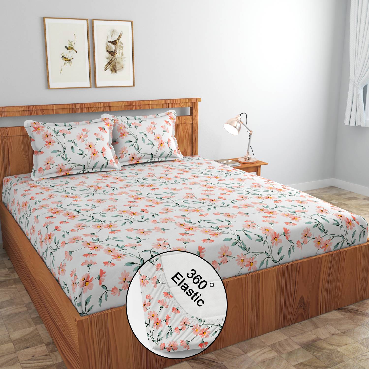 AMEYAA Cotton Double Fitted (Elastic) 320 TC Printed 1 Bedsheet w