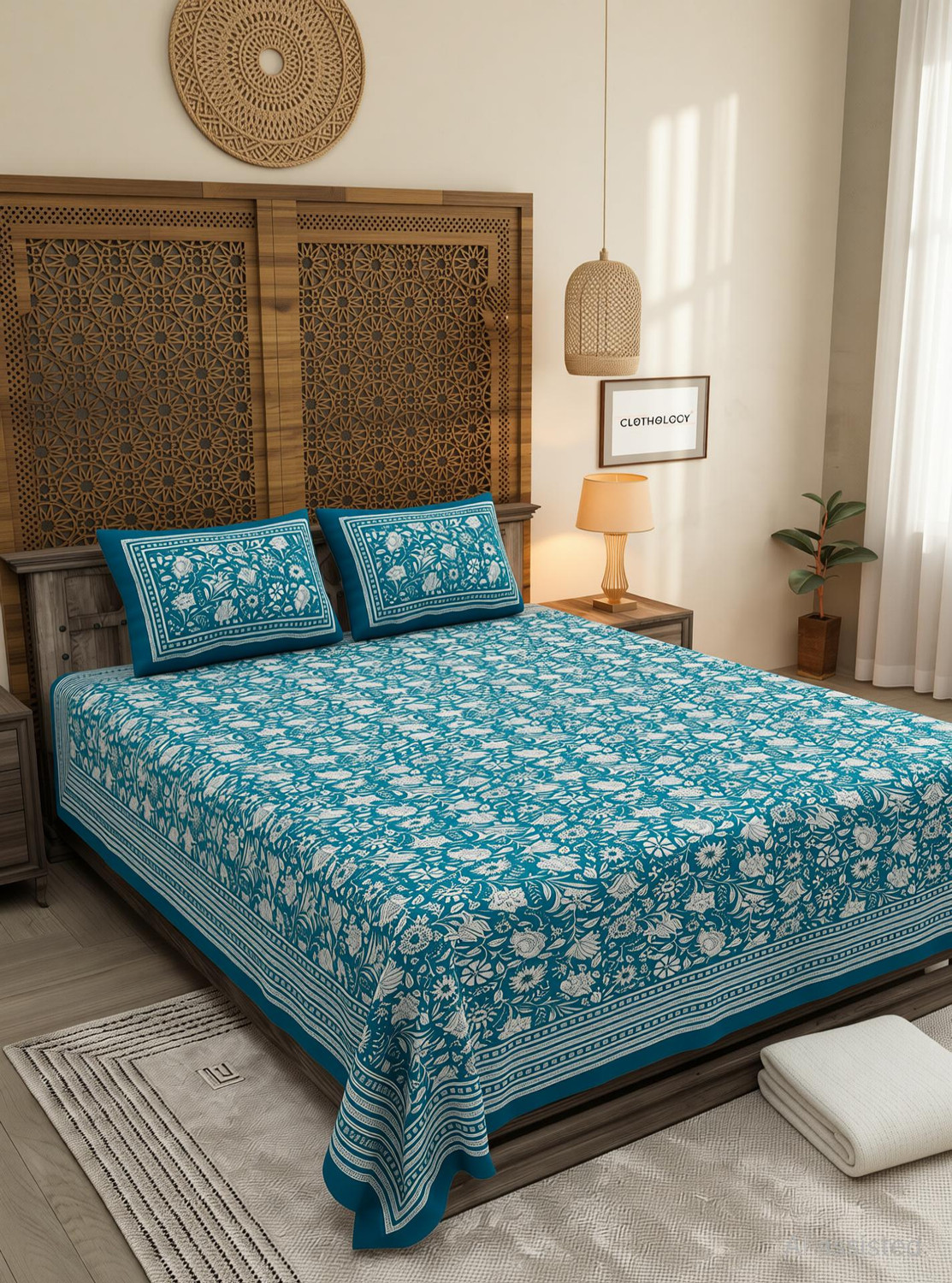 Image of CLOTHOLOGY Cotton King Flat 240 TC Jaipuri Prints 1 Summer Bedsheet with 2 Pillow Covers