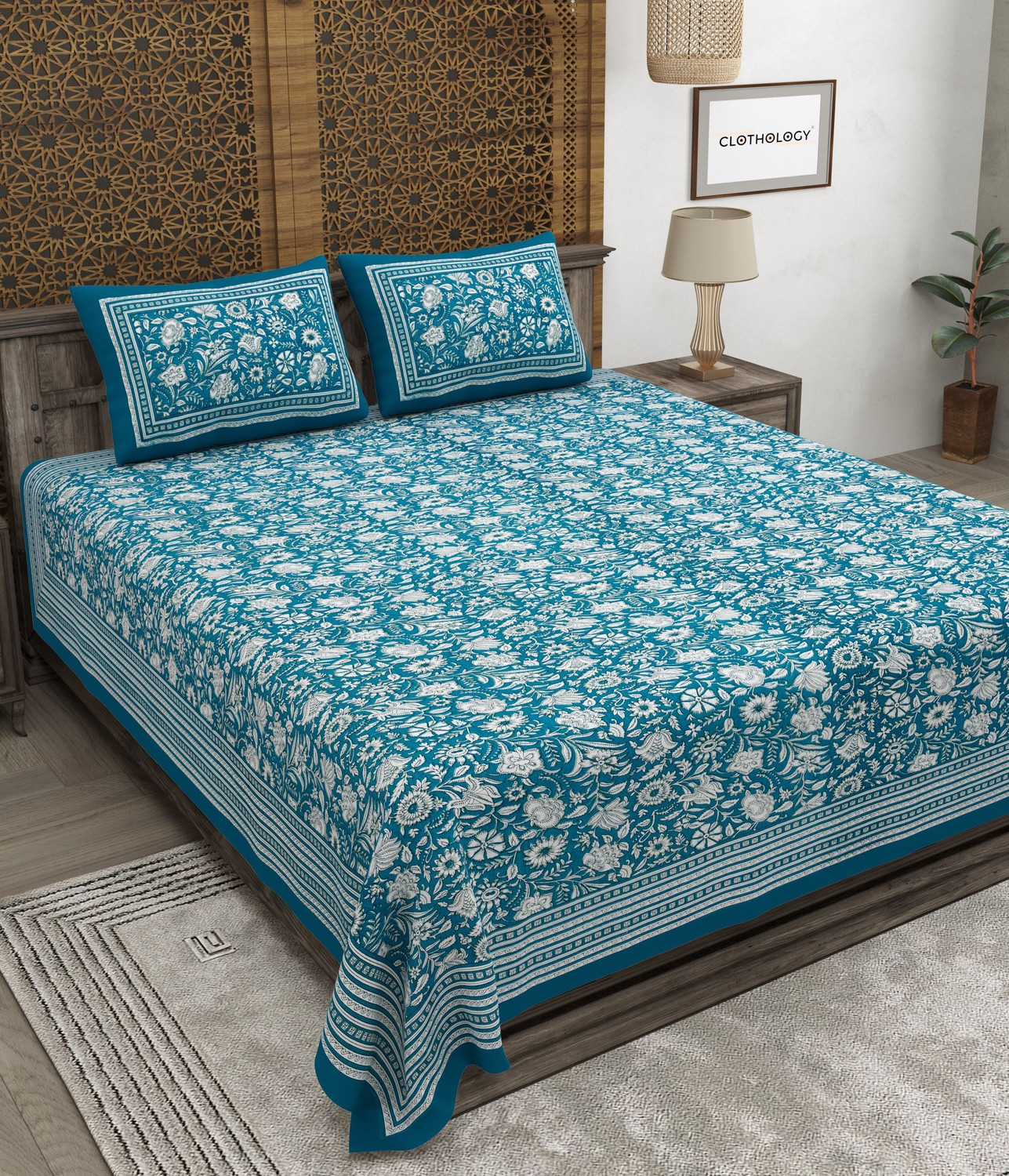 Image of CLOTHOLOGY Cotton King Flat 240 TC Jaipuri Prints 1 Summer Bedsheet with 2 Pillow Covers