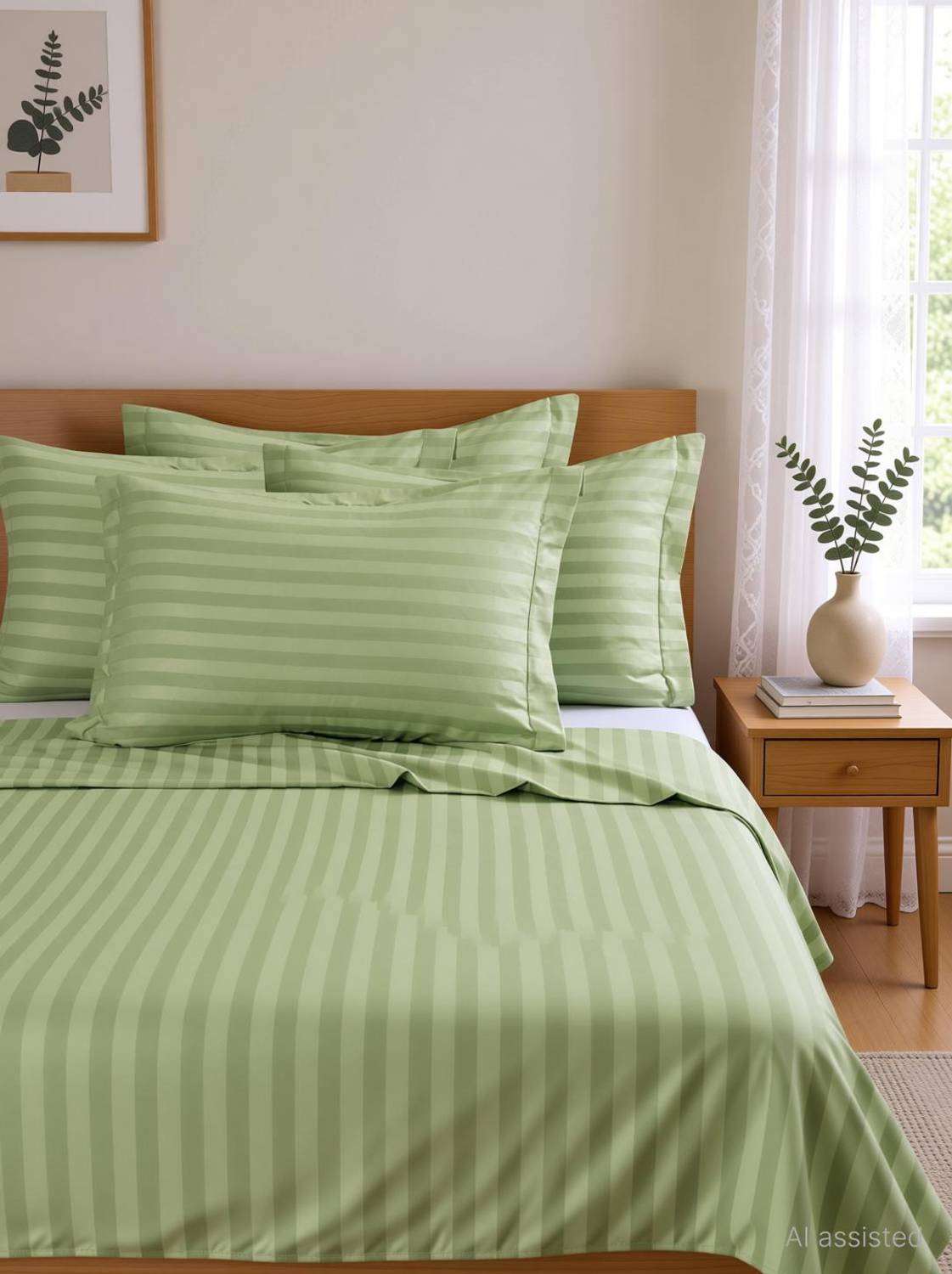 eleganzze Cotton King Flat 300 TC Striped 1 Bedsheet with 2 Pillow Covers