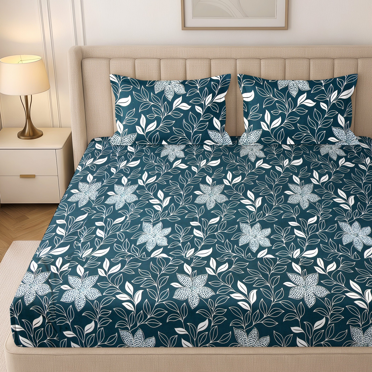 Image of Flipkart Perfect Homes Cotton Double Fitted (Elastic) 244 TC Printed 1 Summer Bedsheet with 2 Pillow Covers