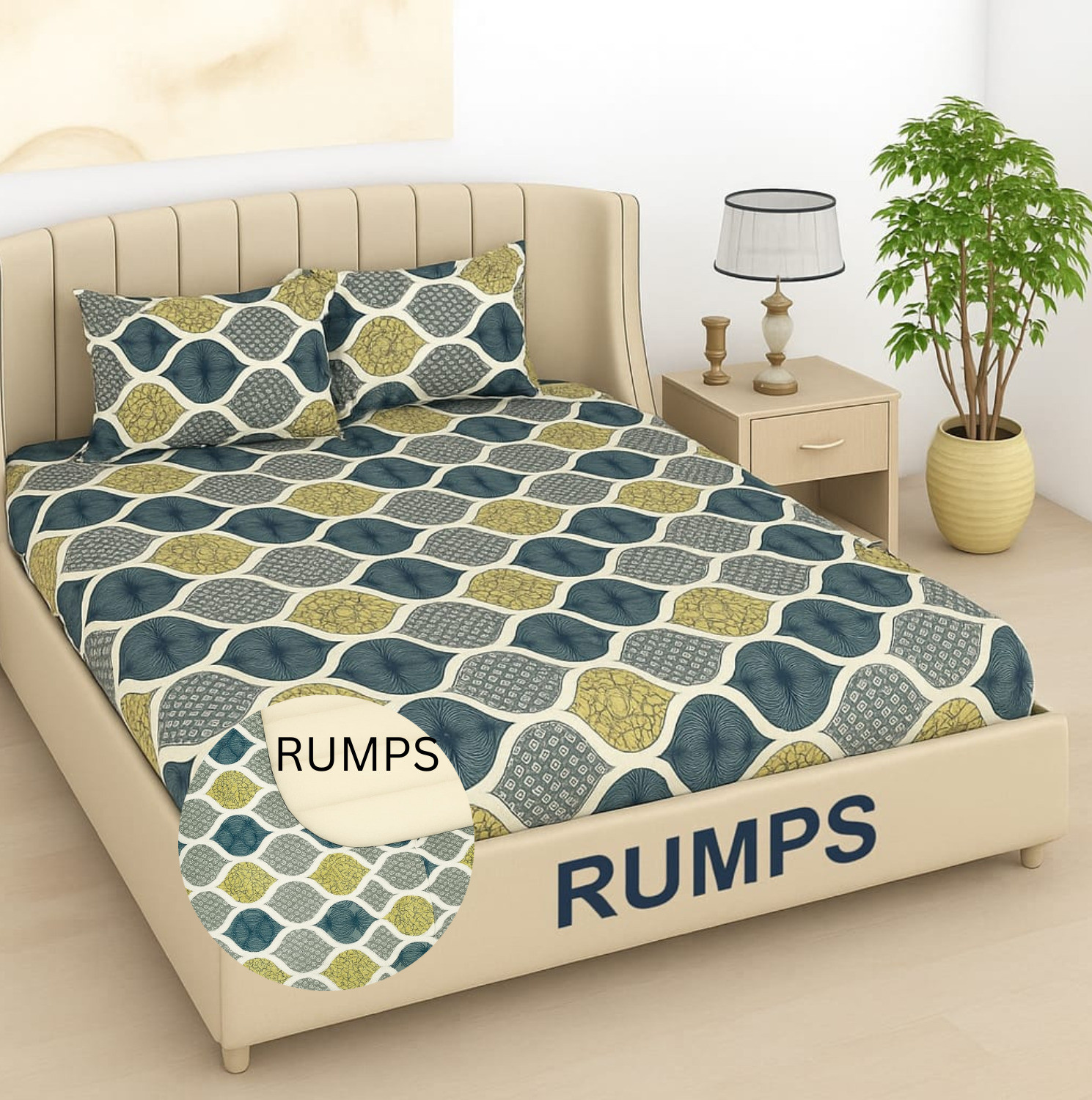 Image of Rumps Woolen Queen Fitted (Elastic) 320 TC Abstract 1 Bedsheet with 2 Pillow Covers