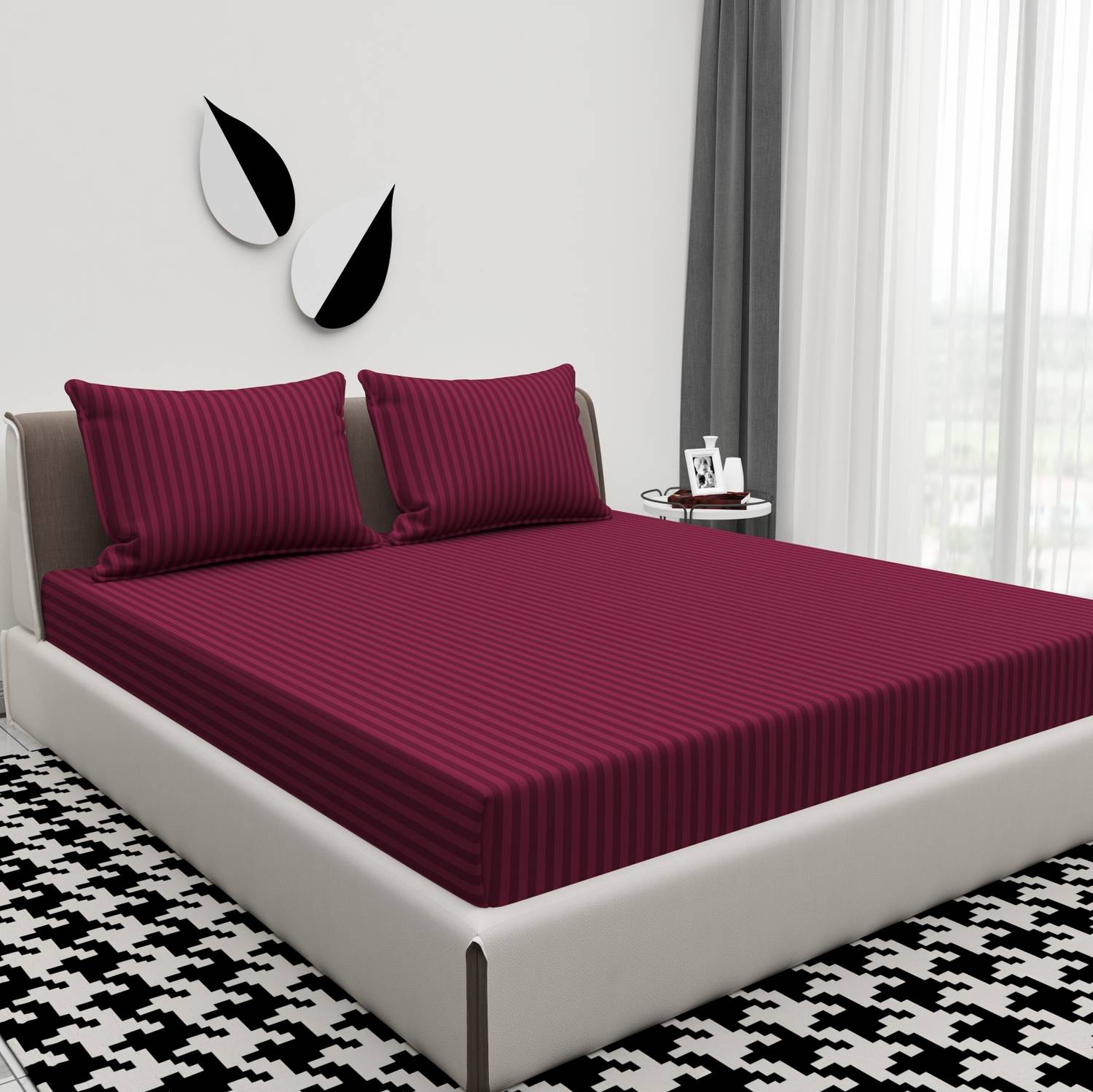 BROMWICK Microfiber Double Flat 300 TC Striped 1 Bedsheet with 2