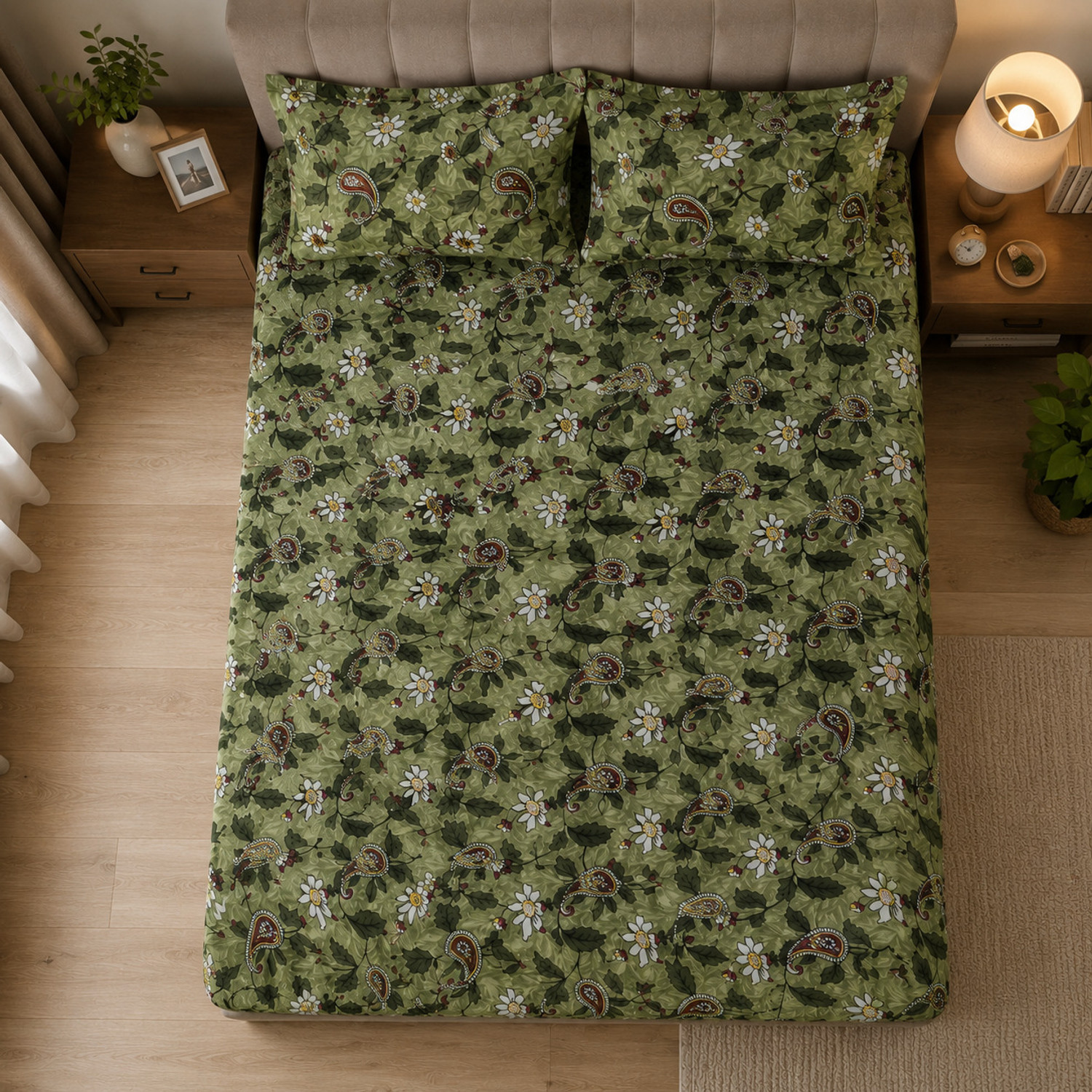 Image of Valemo & co. Cotton Double, King Fitted (Elastic) 210 TC Printed 1 Bedsheet with 2 Pillow Covers (Multicolor)