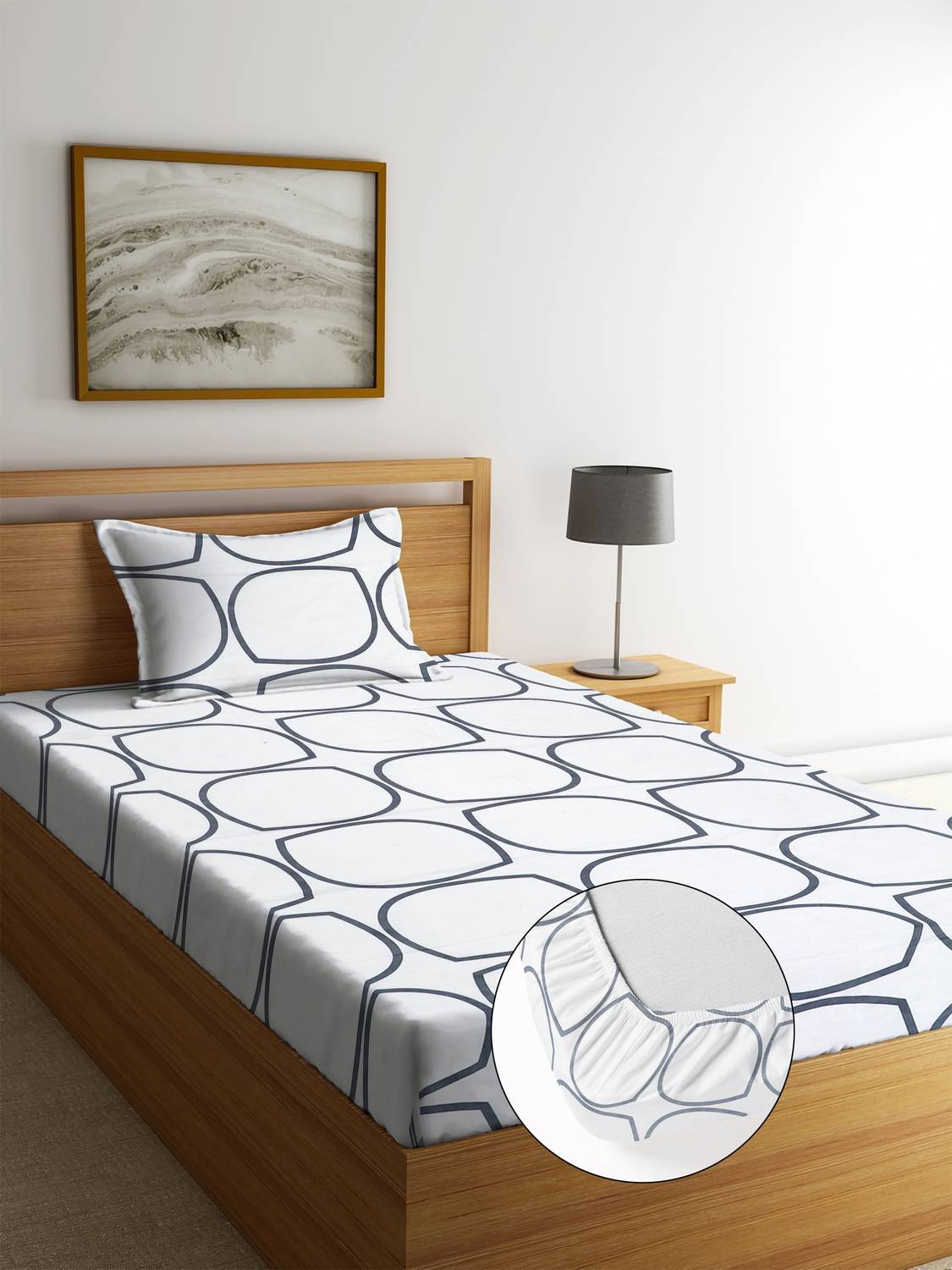 BeddingZone Cotton Single Fitted (Elastic) 300 TC Floral 1 Bedsheet with 2 Pillow Covers