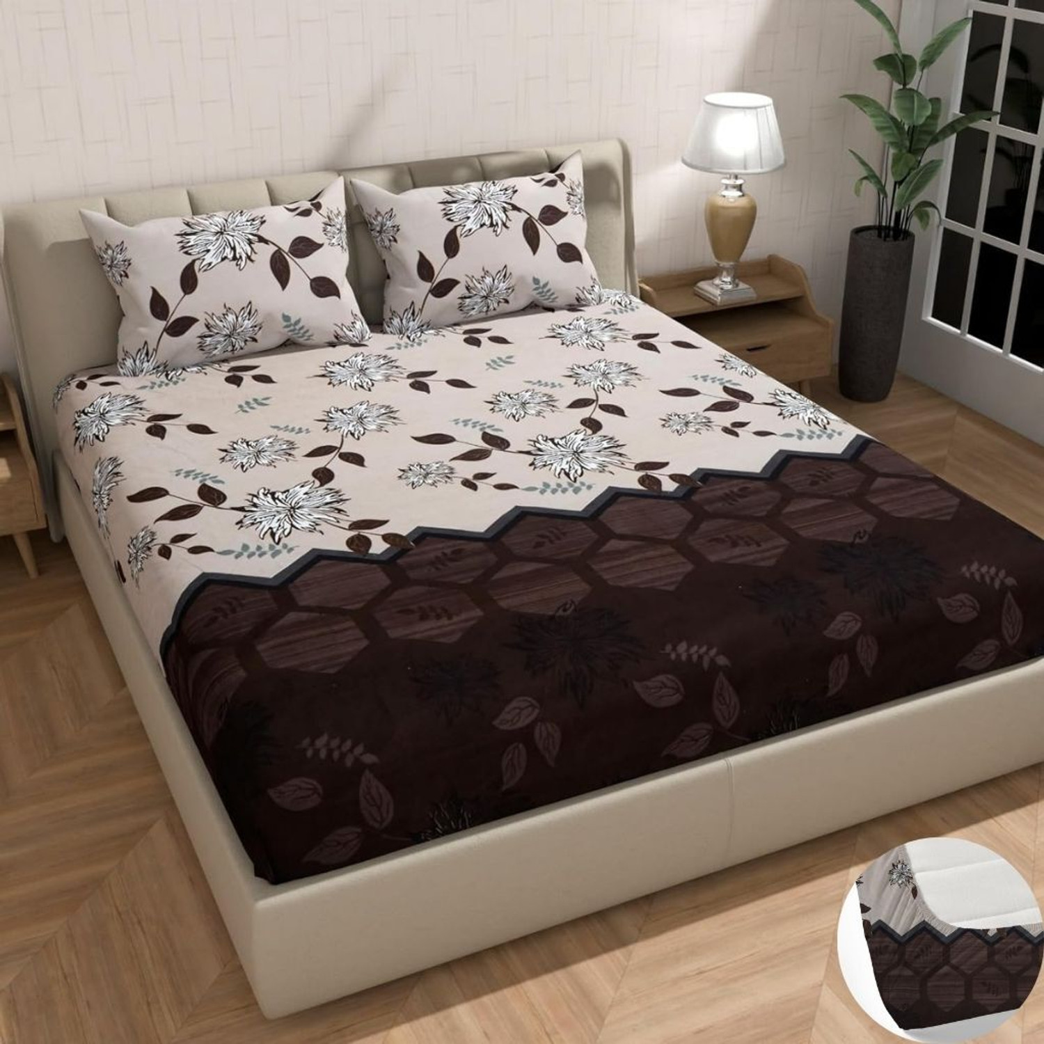 Image of CRAFTEAL Cotton Double Fitted (Elastic) 200 TC Floral 1 Summer Bedsheet with 2 Pillow Covers