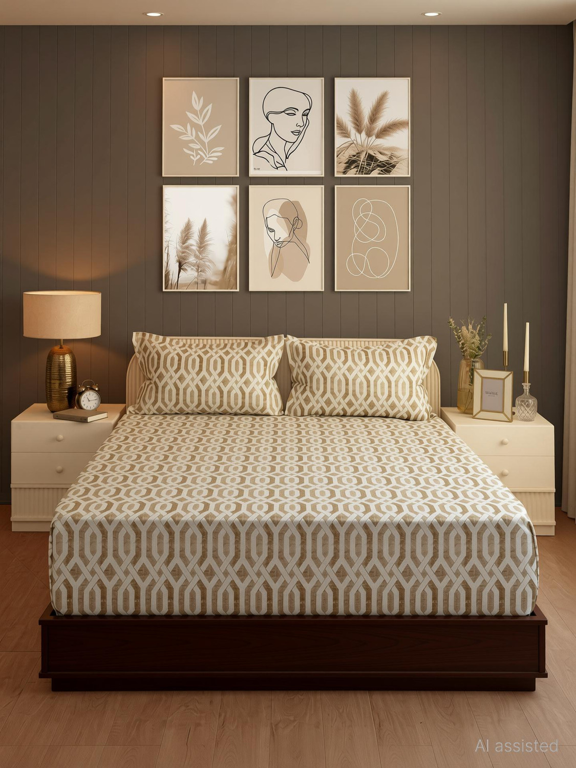 Image of SWAYAM Cotton King Fitted (Elastic) 144 TC Geometric 1 Bedsheet with 2 Pillow Covers