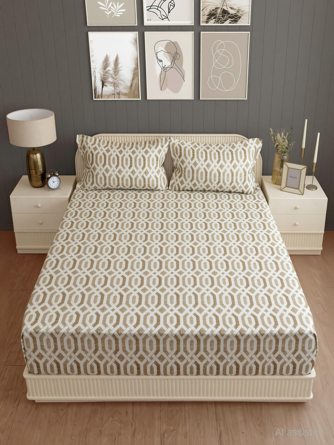 Image of SWAYAM Cotton King Fitted (Elastic) 144 TC Geometric 1 Bedsheet with 2 Pillow Covers