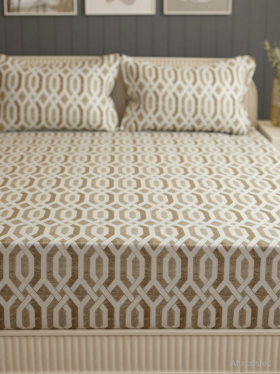 Image of SWAYAM Cotton King Fitted (Elastic) 144 TC Geometric 1 Bedsheet with 2 Pillow Covers