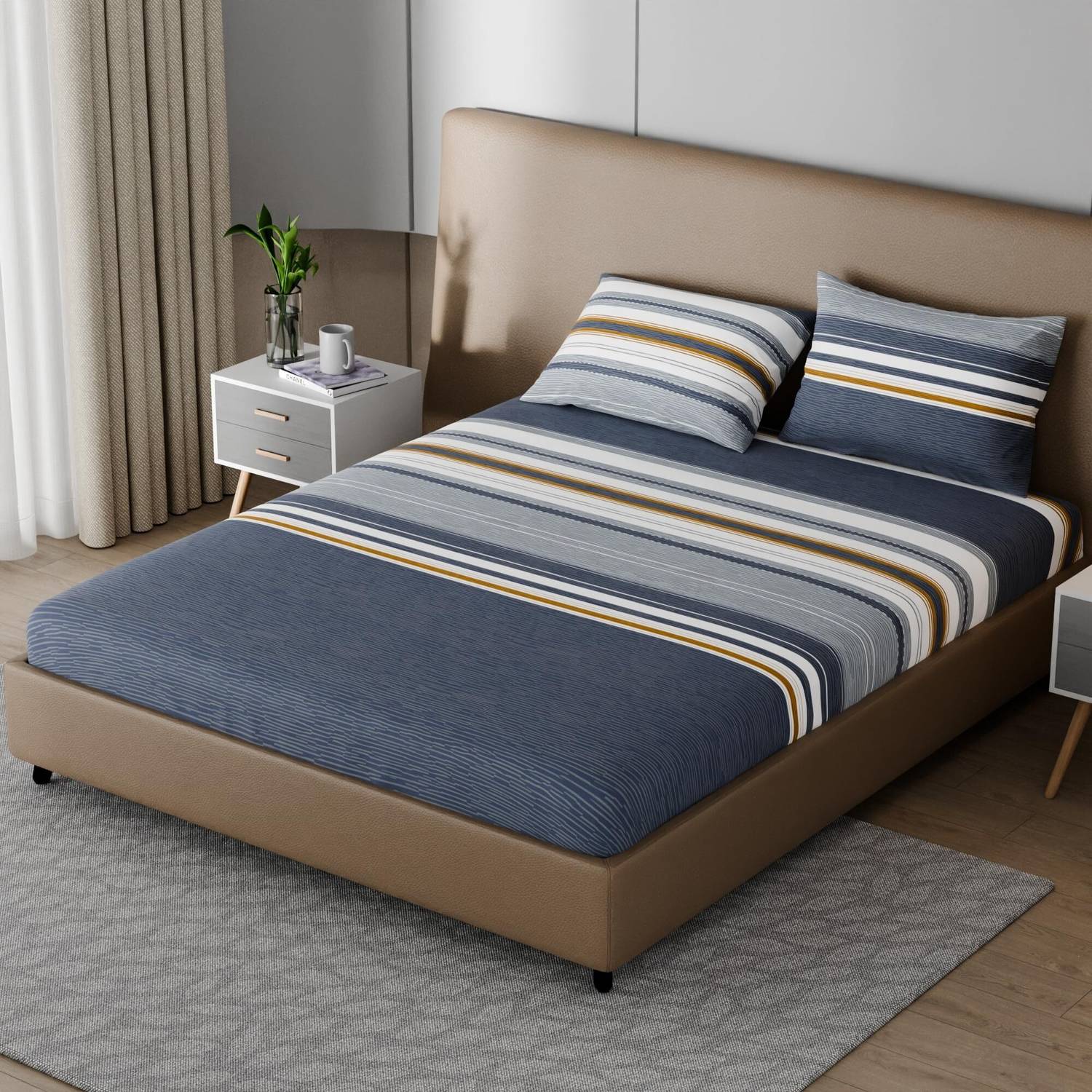 BLISSHOME Cotton King Fitted (Elastic) 150 TC Geometric 1 Winter Bedsheet with 2 Pillow Covers