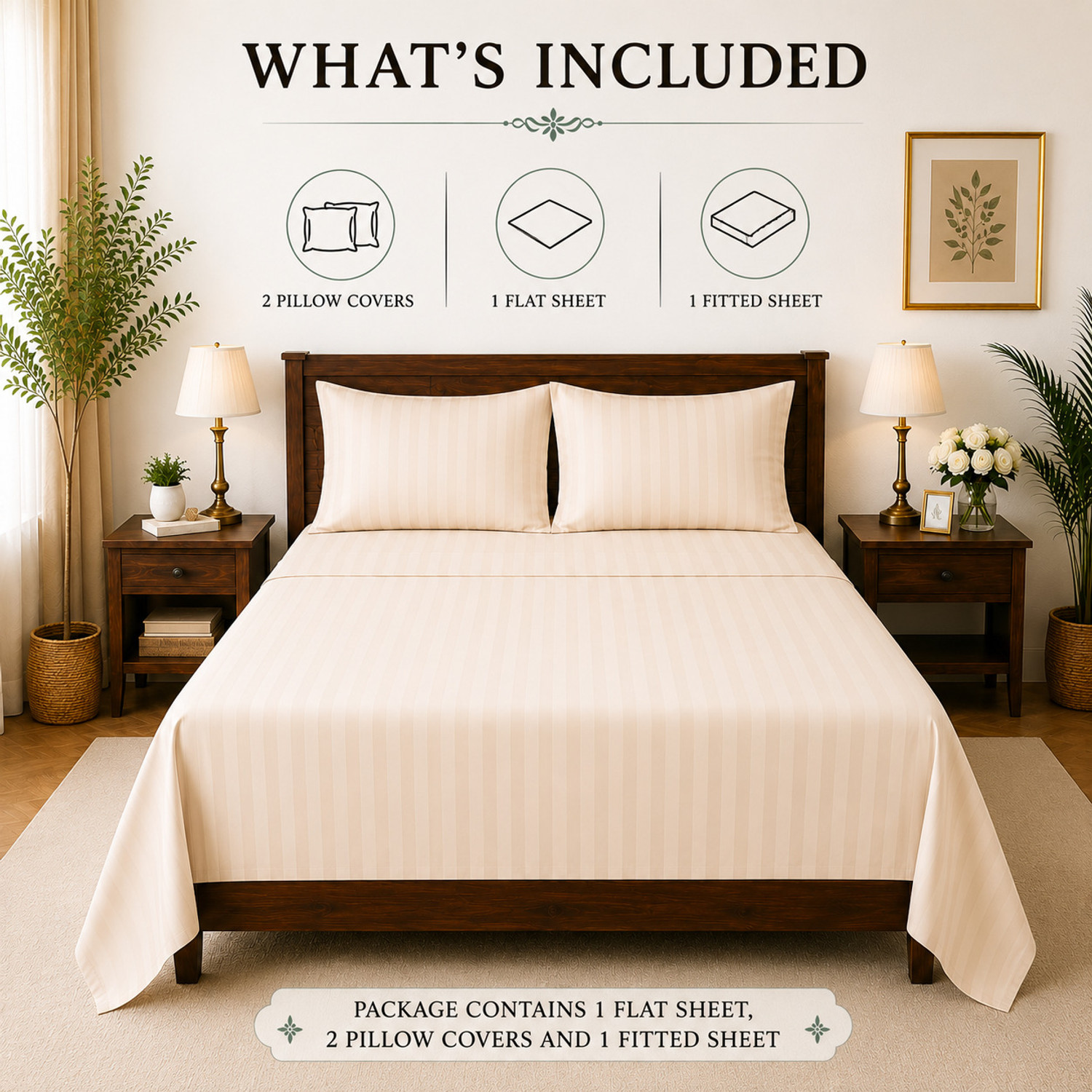 Image of DV Ent Polycotton Queen Fitted (Elastic) 300 TC Striped 2 Bedsheets with 2 Pillow Covers