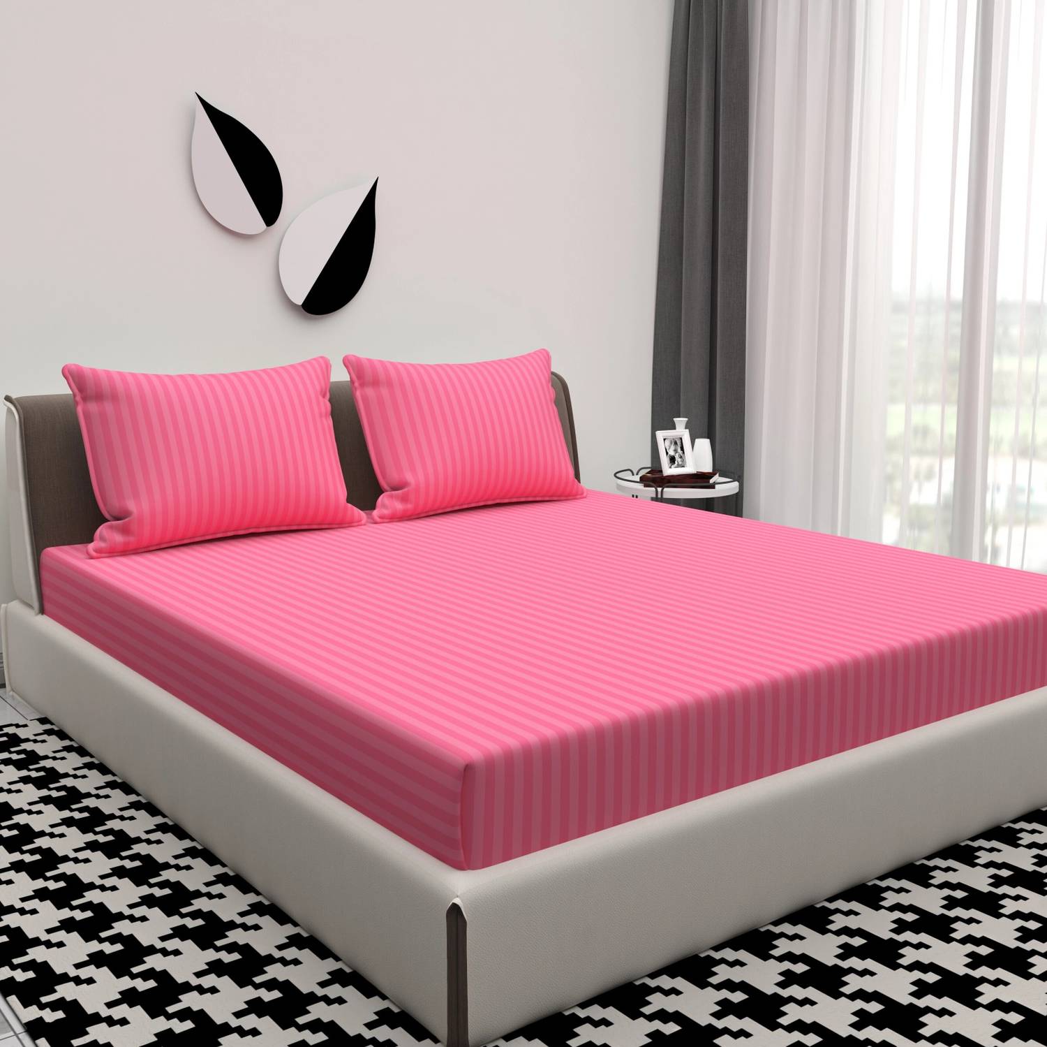 BROMWICK Microfiber Double Flat 300 TC Striped 1 Bedsheet with 2