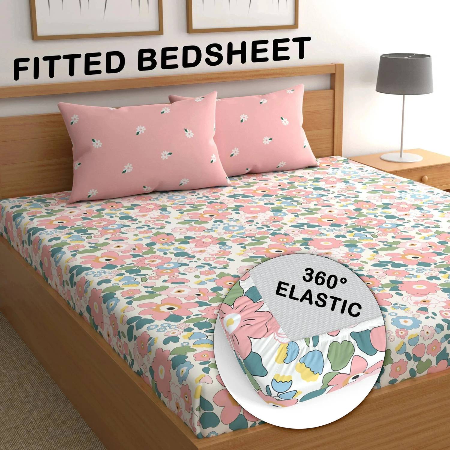 CG Homes Cotton Queen Fitted (Elastic) 180 TC Printed 1 Bedsheet