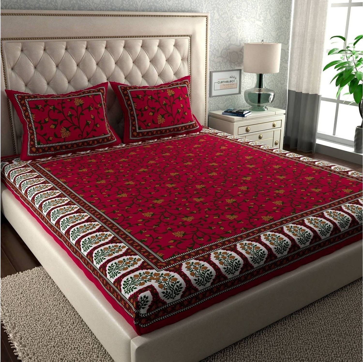 CLOTHOLOGY Cotton Double Flat 144 TC Jaipuri Prints 1 Bedsheet wi