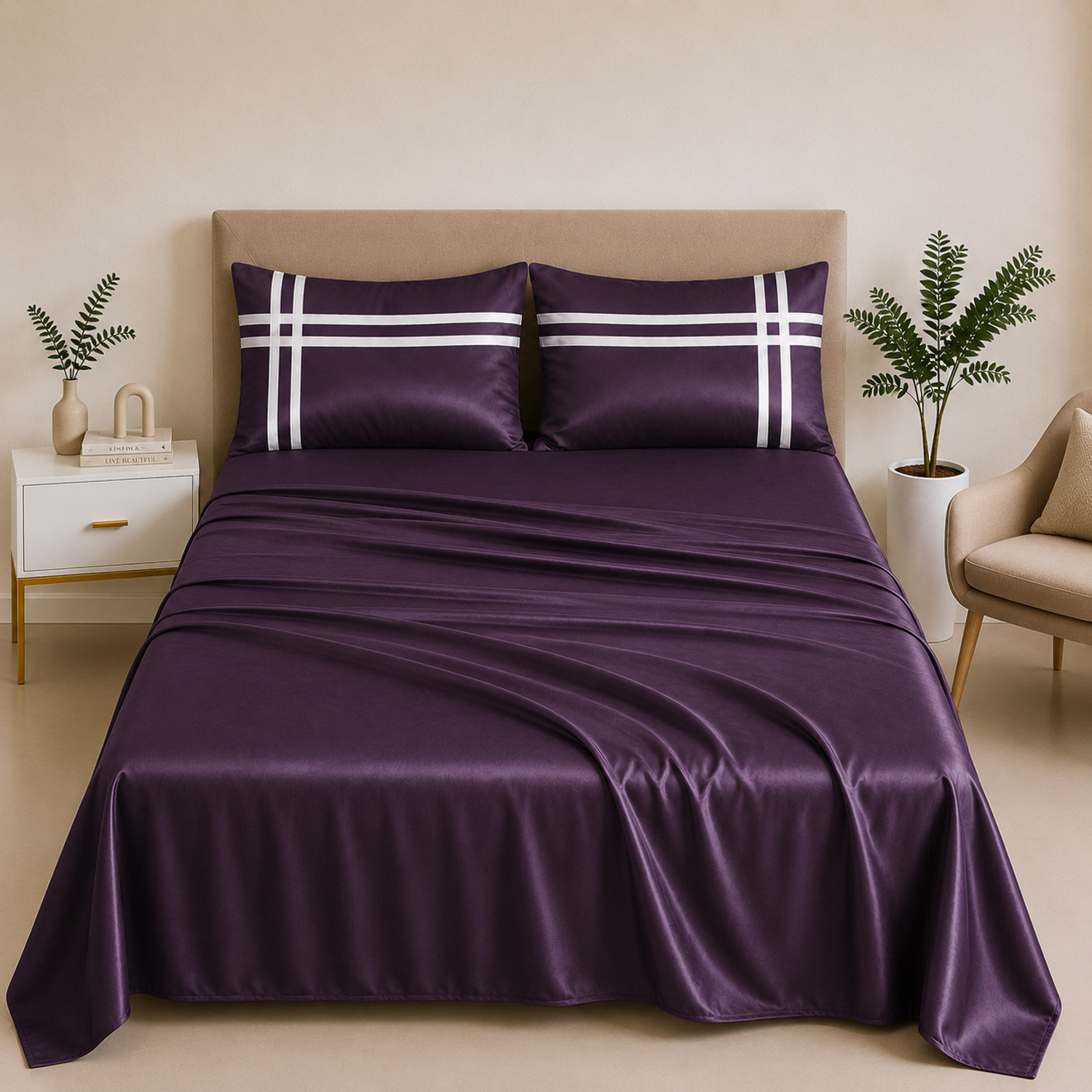 Image of Rangrika.in Satin Super King Flat 400 TC Striped 1 Summer Bedsheet with 2 Pillow Covers