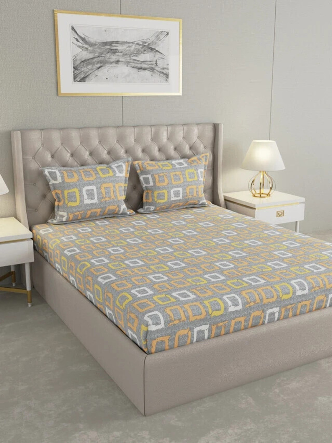 Image of Raymond Home Microfiber Double Flat 110 TC Geometric 1 Bedsheet with 2 Pillow Covers