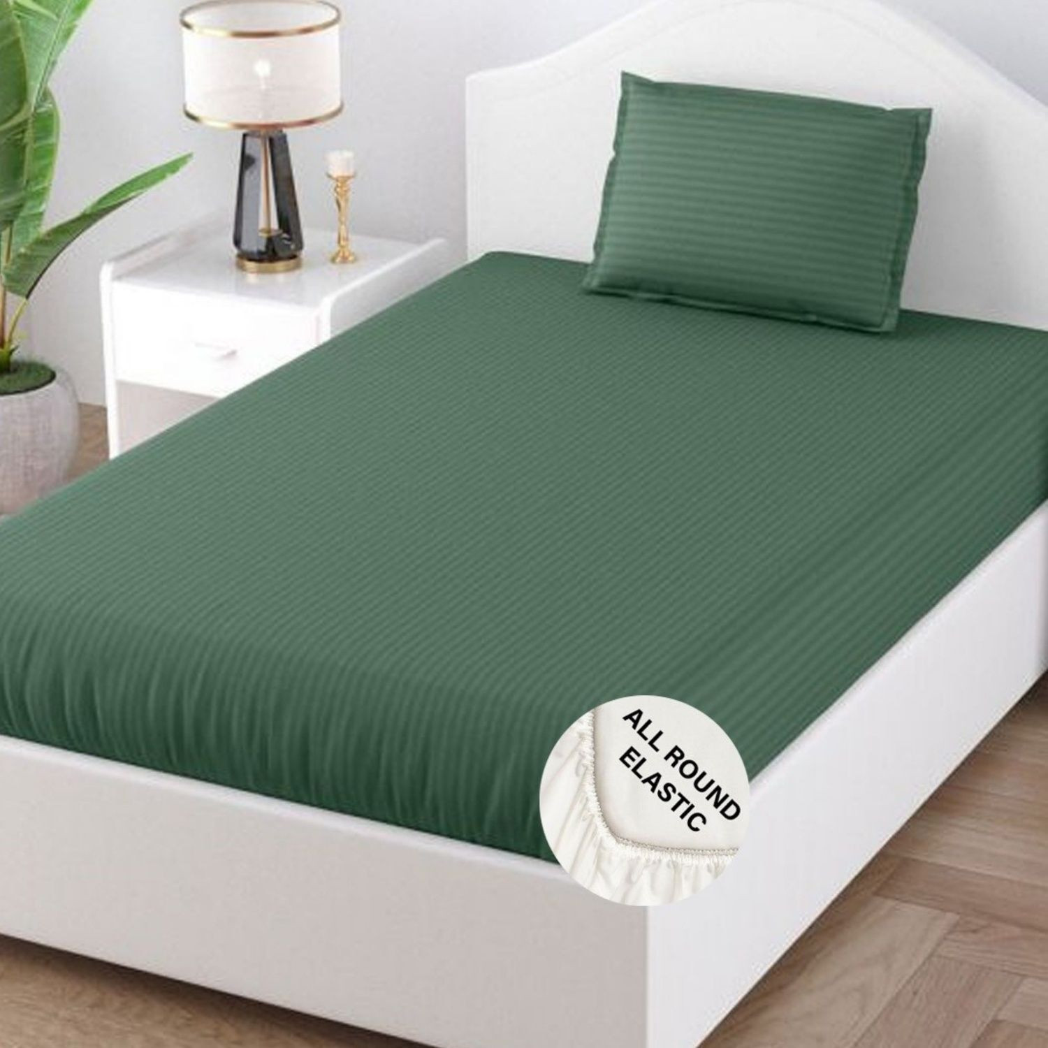Image of Weave & Decor Microfiber Single Fitted (Elastic) 300 TC Striped 1 Bedsheet with 2 Pillow Covers