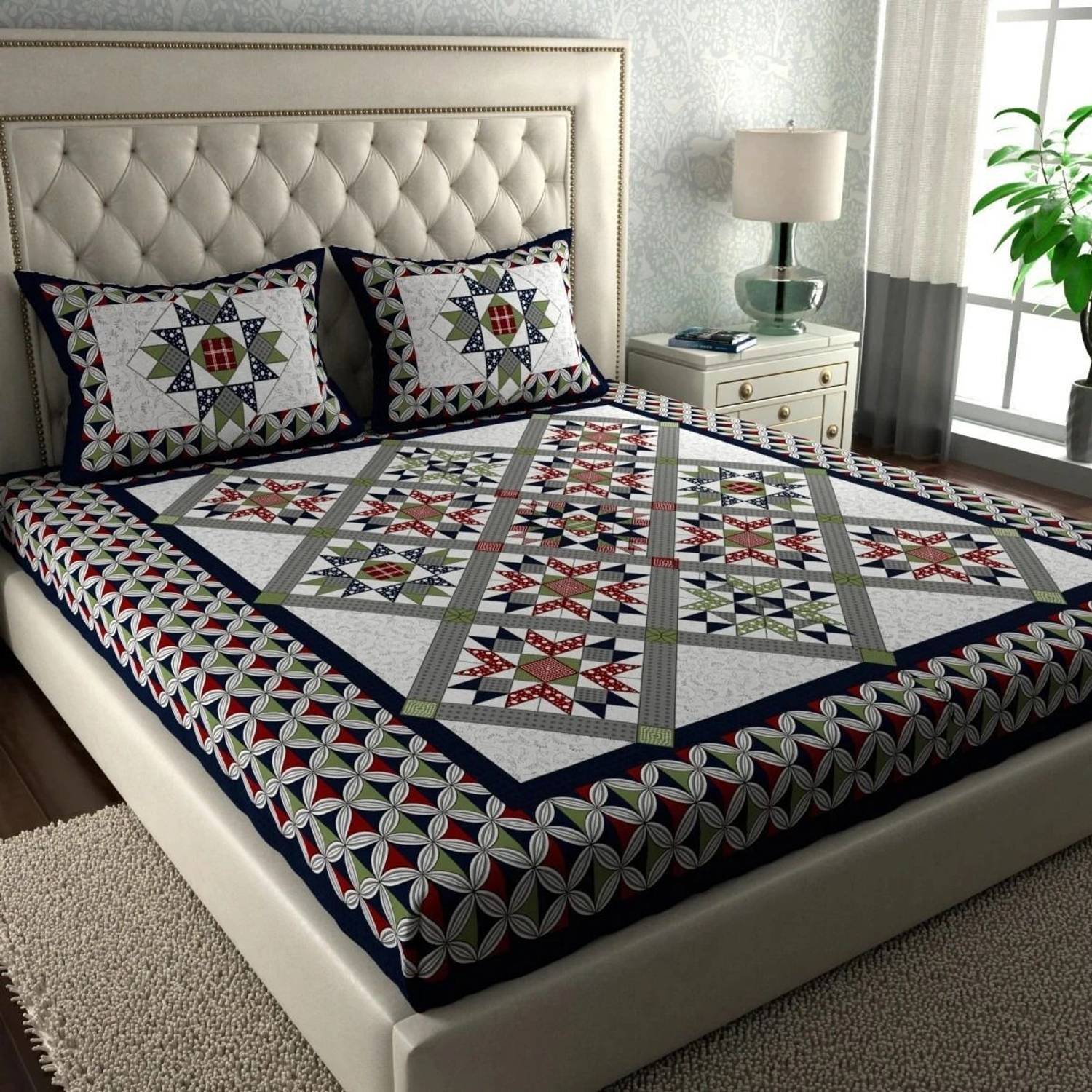 Cosito Cotton Double Flat 144 TC Jaipuri Prints 1 Bedsheet with 2