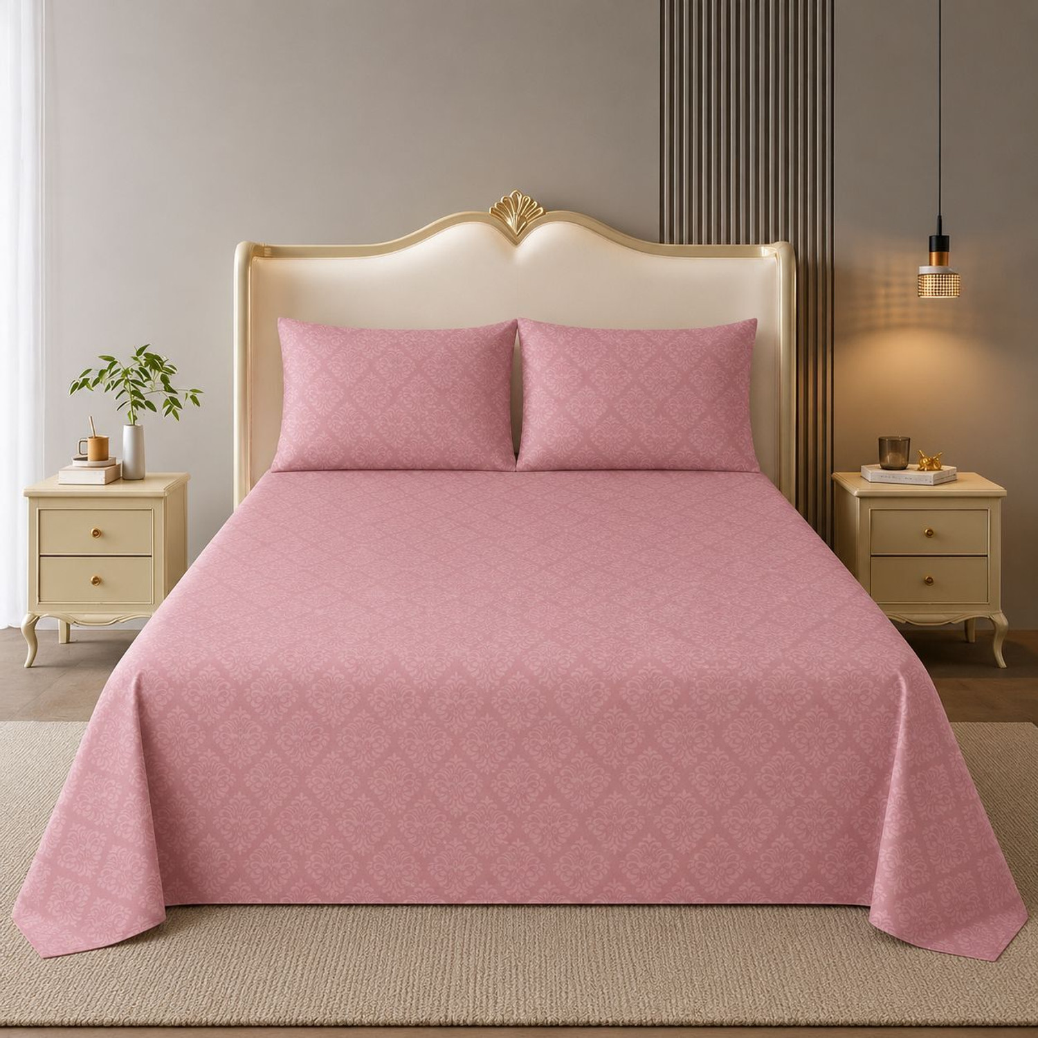 Image of MIGHTYCOZY Cotton Super King Flat 300 TC Printed 1 Bedsheet with 2 Pillow Covers (Pink)