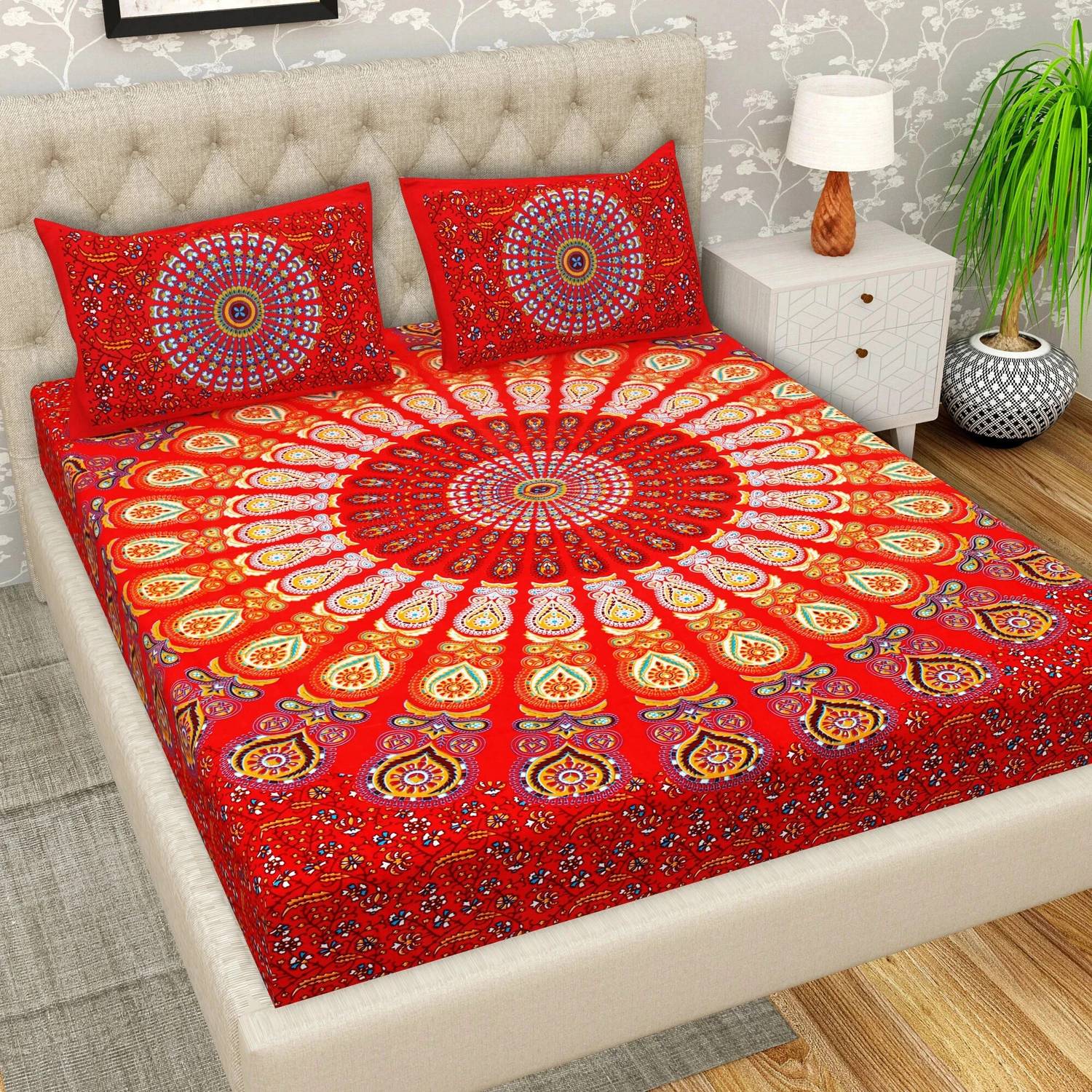 Cosito Cotton Double Flat 144 TC Printed 1 Bedsheet with 2 Pillow