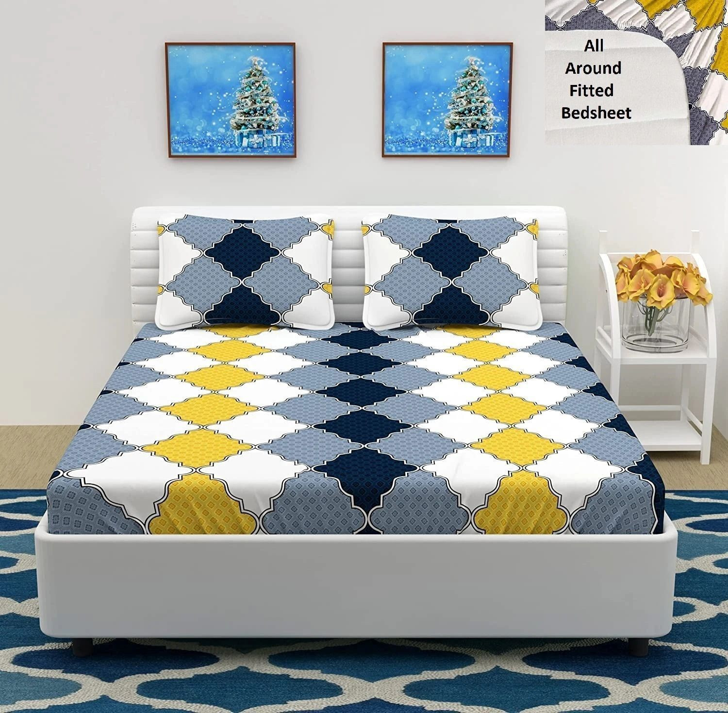 Image of BELVOSTUM Cotton King Fitted (Elastic) 220 TC Printed 1 Bedsheet with 2 Pillow Covers