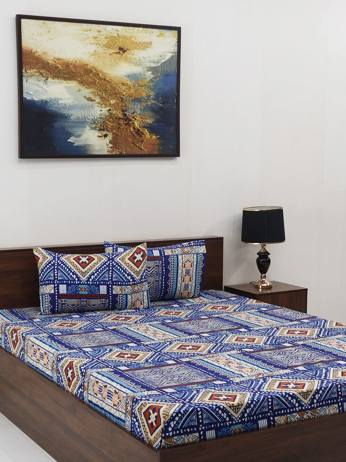 Image of Steve and Anderson Microfiber Double Flat 160 TC Geometric 1 Bedsheet with 2 Pillow Covers