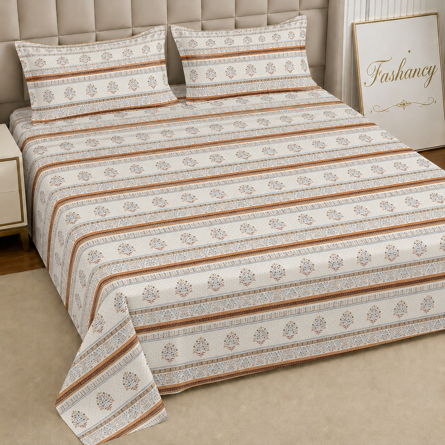 Image of Fashancy Cotton King Flat 300 TC Floral 1 Summer Bedsheet with 2 Pillow Covers