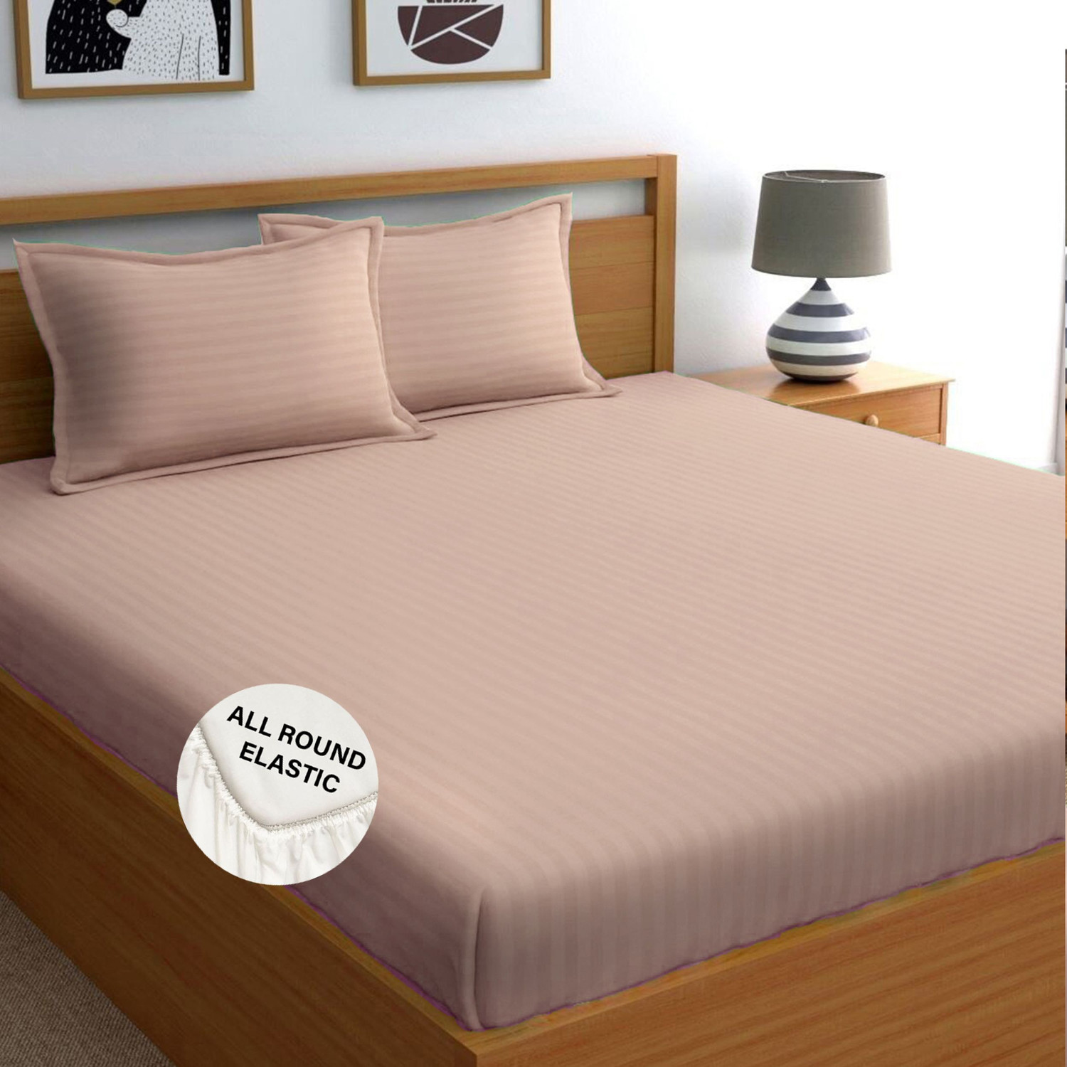 Image of Weave & Decor Microfiber Queen Fitted (Elastic) 300 TC Striped 1 Bedsheet with 2 Pillow Covers