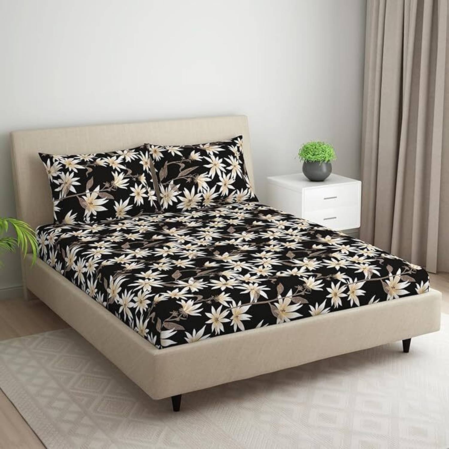 LUZDECOR Microfiber Double Fitted (Elastic) 220 TC Floral 1 Bedsheet with 2 Pillow Covers