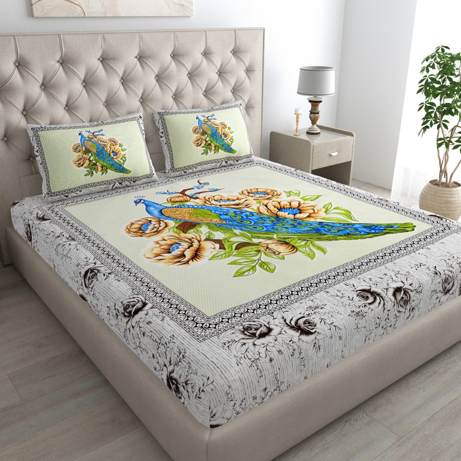 Cosito Cotton Double Flat 144 TC Floral 1 Bedsheet with 2 Pillow