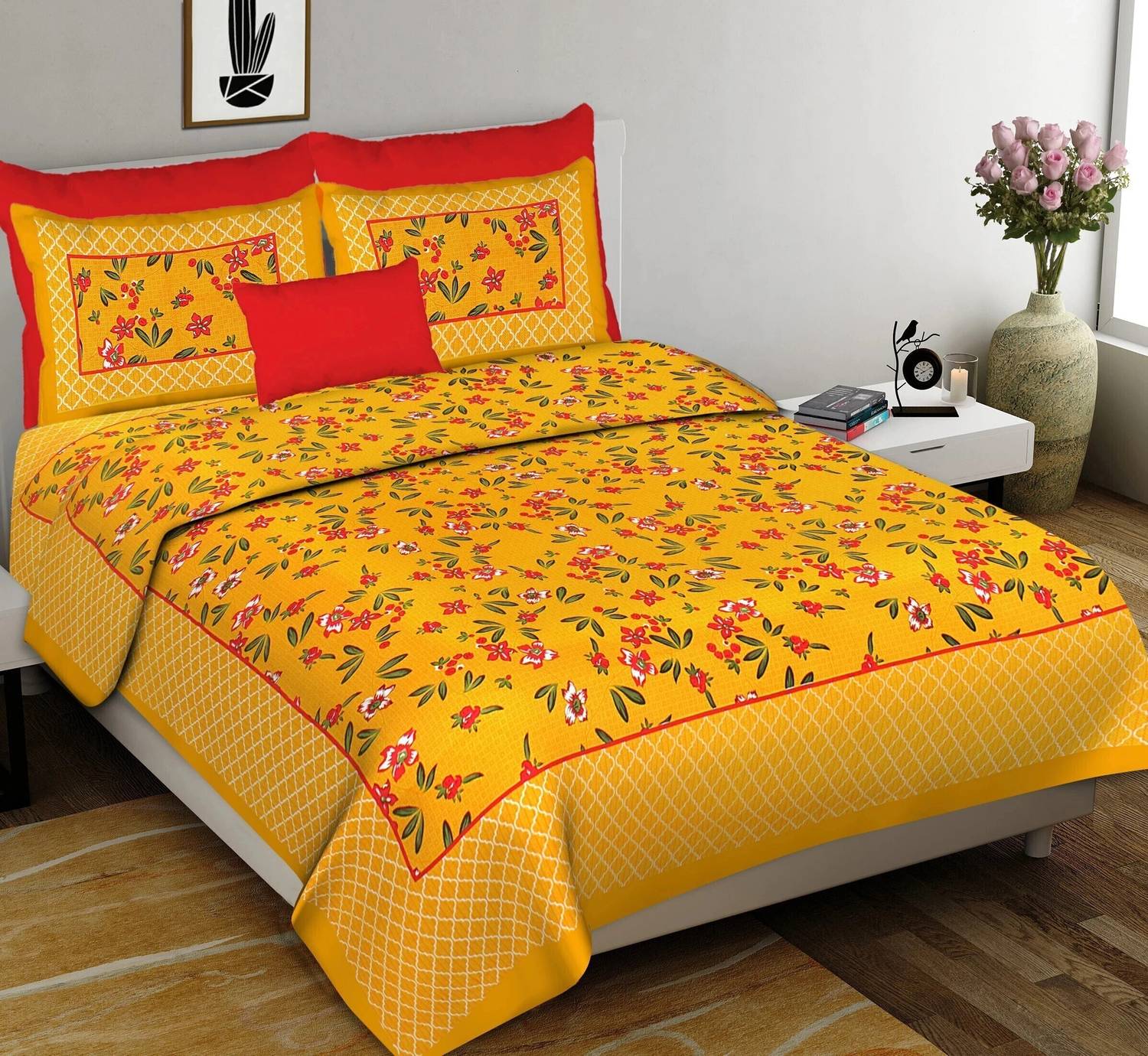 Cosito Cotton Double Flat 144 TC Printed 1 Bedsheet with 2 Pillow