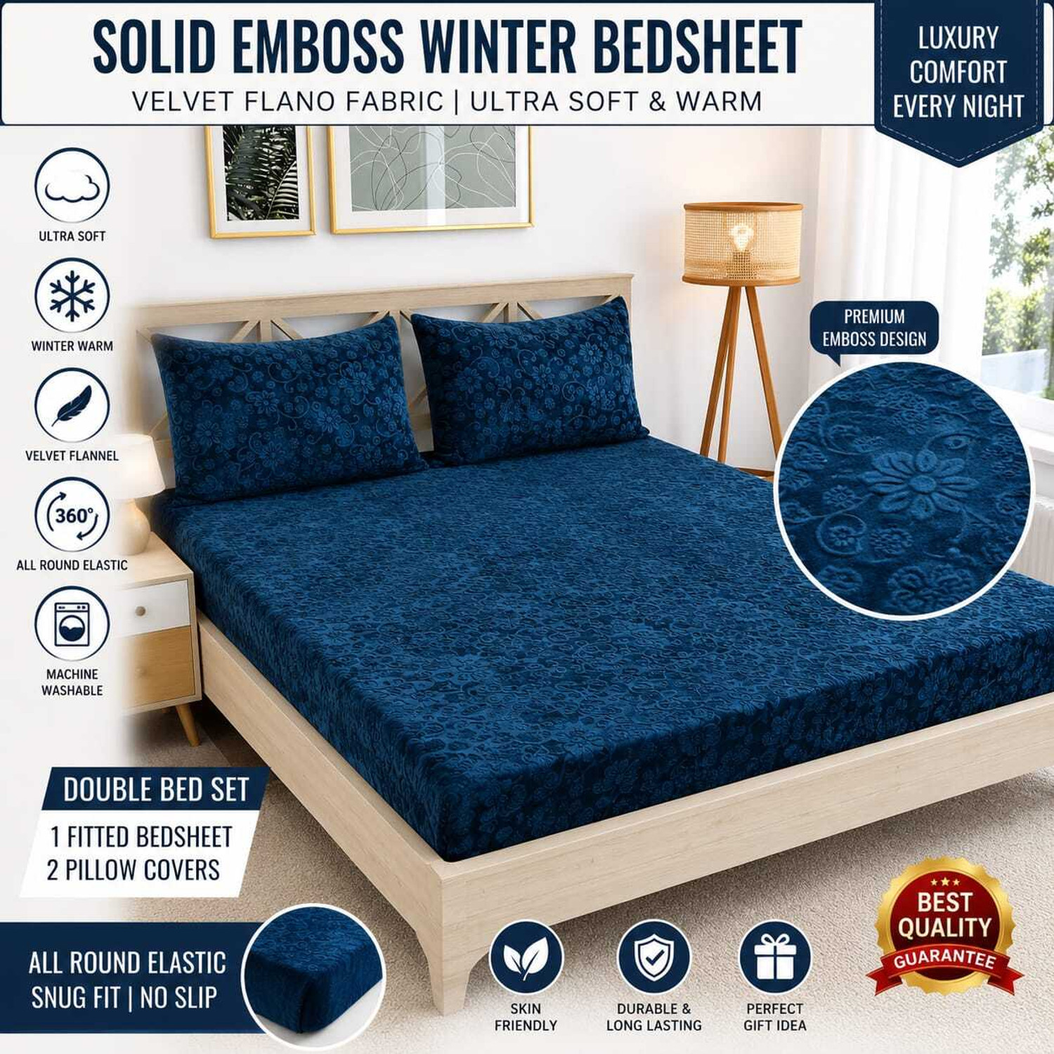 Image of CLOVIS KRAFTS Woolen Queen Fitted (Elastic) 240 TC Self Design 1 Bedsheet with 2 Pillow Covers (Blue)