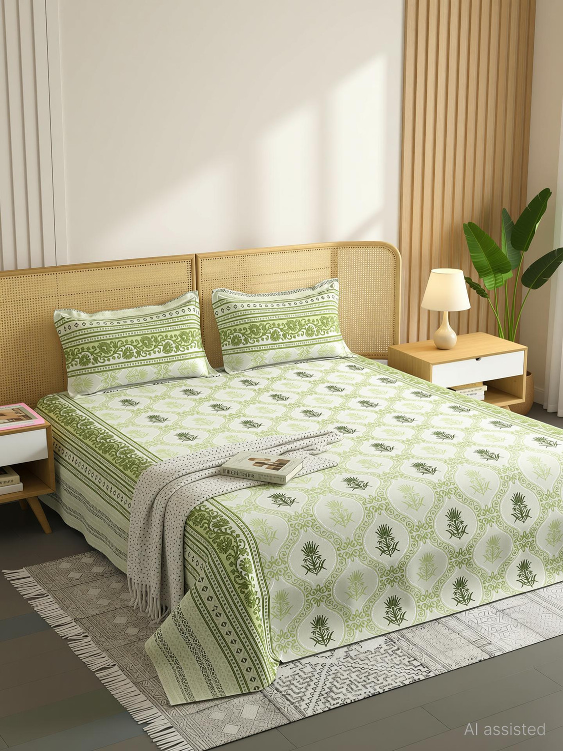 Image of RICHKRAFT Cotton Queen Flat 300 TC Floral 1 Summer Bedsheet with 2 Pillow Covers