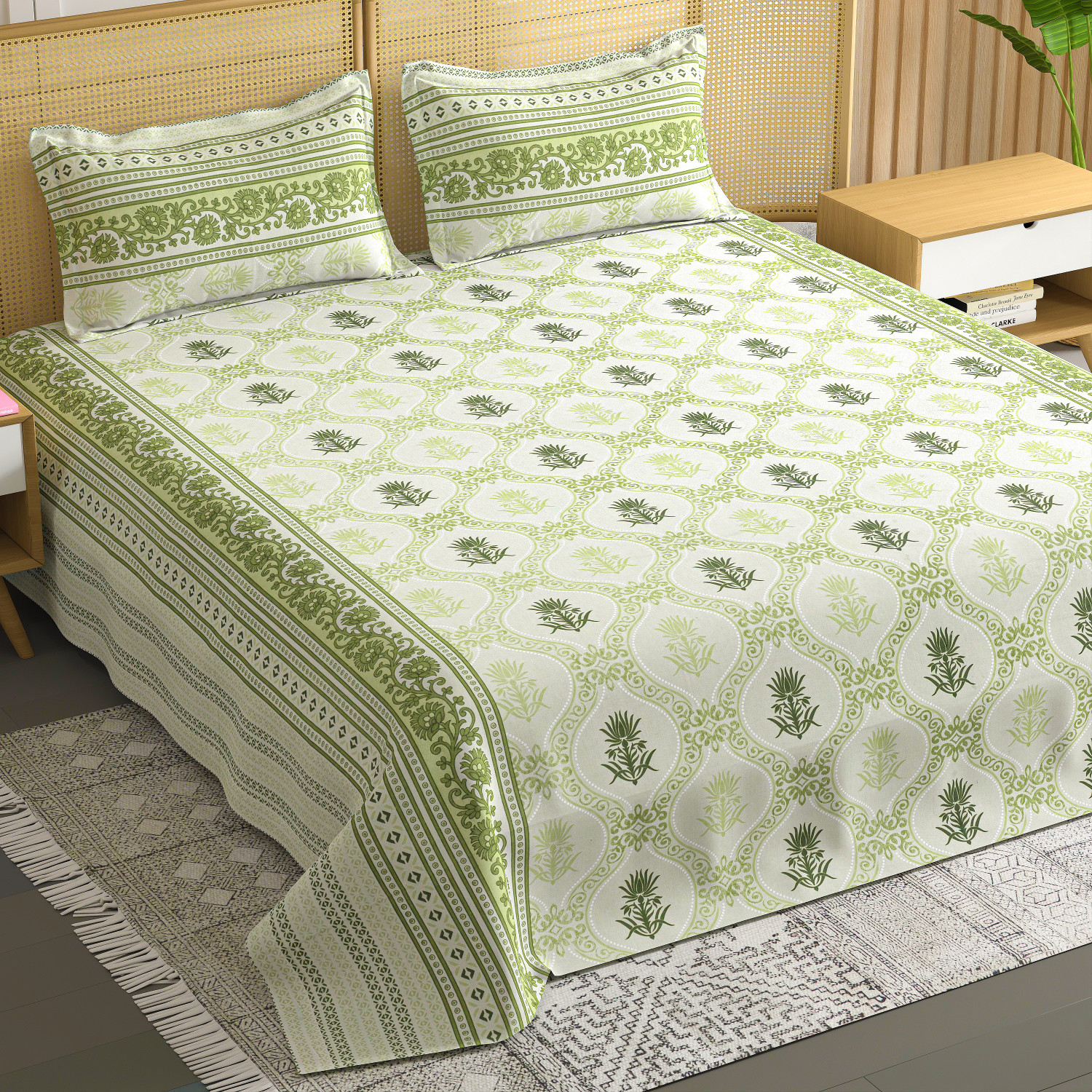 Image of RICHKRAFT Cotton Queen Flat 300 TC Floral 1 Summer Bedsheet with 2 Pillow Covers