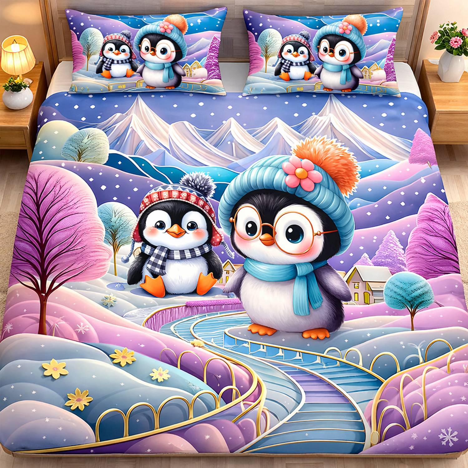 Aarna Linen Cotton Double Flat 400 TC Cartoon 1 AC Bedsheet with 2 Pillow Covers
